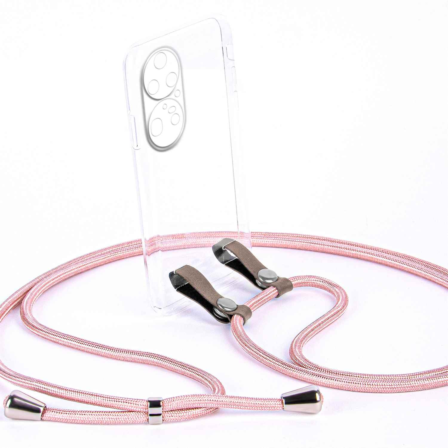 Rosa Telefonband mit einer transparenten Handyhülle.