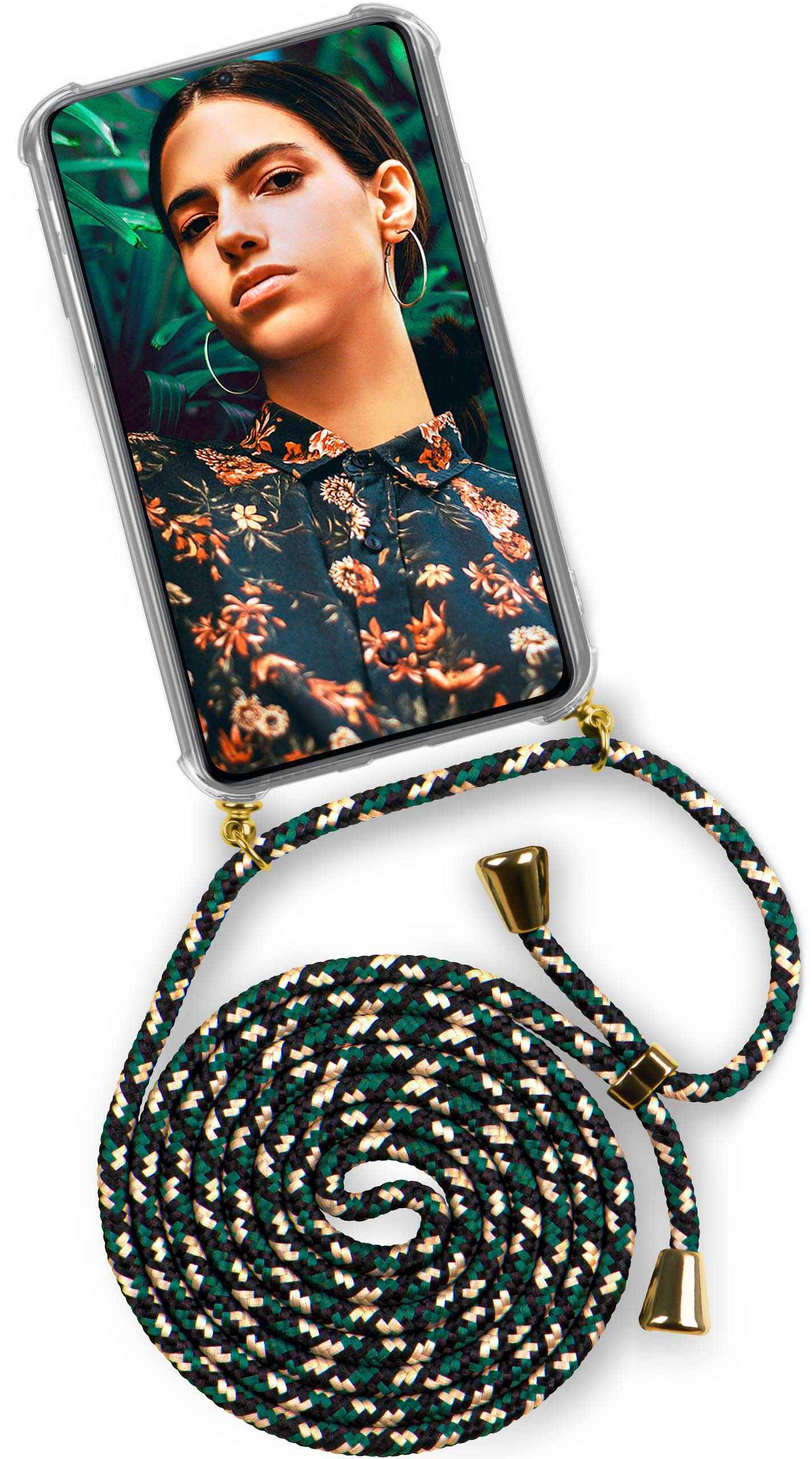 Telefon mit Frauenbild, grün-schwarzer Seilriemen.