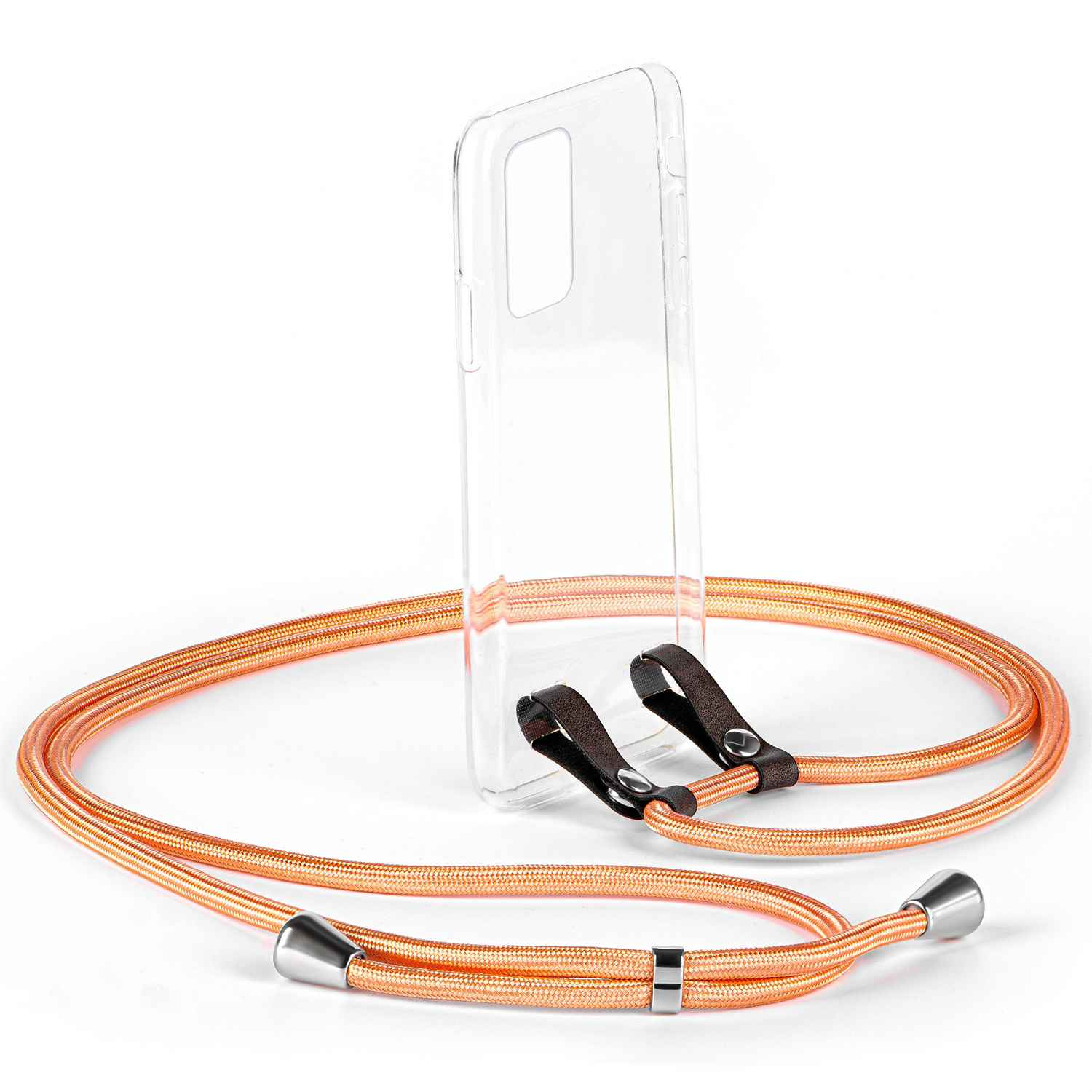 Orangener Telefonschnur und transparente Handyhülle mit braunen Lederbefestigungen. Weißer Hintergrund.