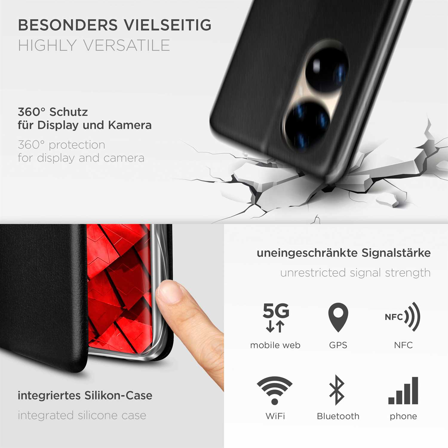 Telefonhülle mit 360-Grad-Schutz und integriertem Silikon. Text erwähnt uneingeschränkte Signalstärke.