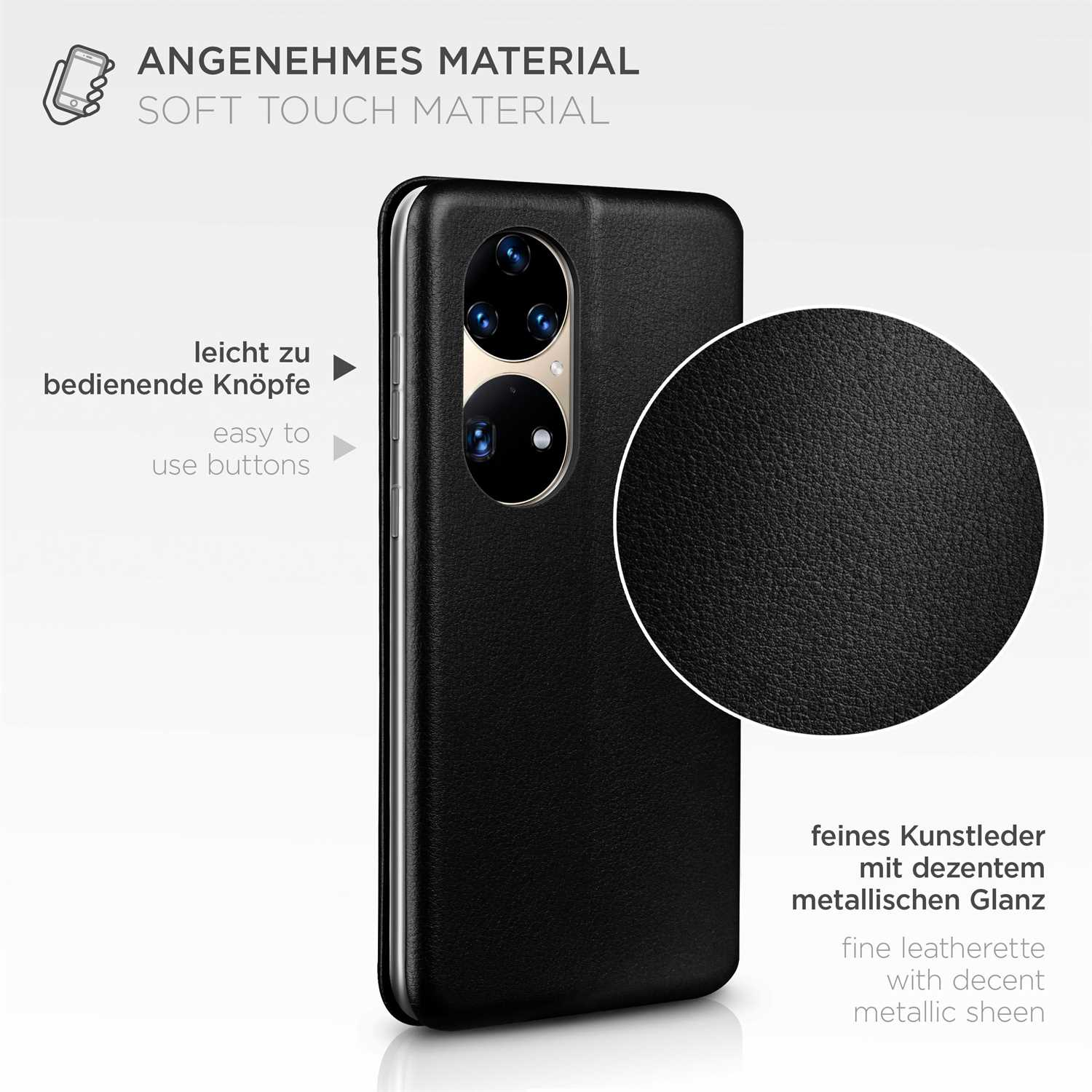 Schwarze Handyhülle mit Kameraobjektiv. Die Hülle hat eine Lederstruktur.