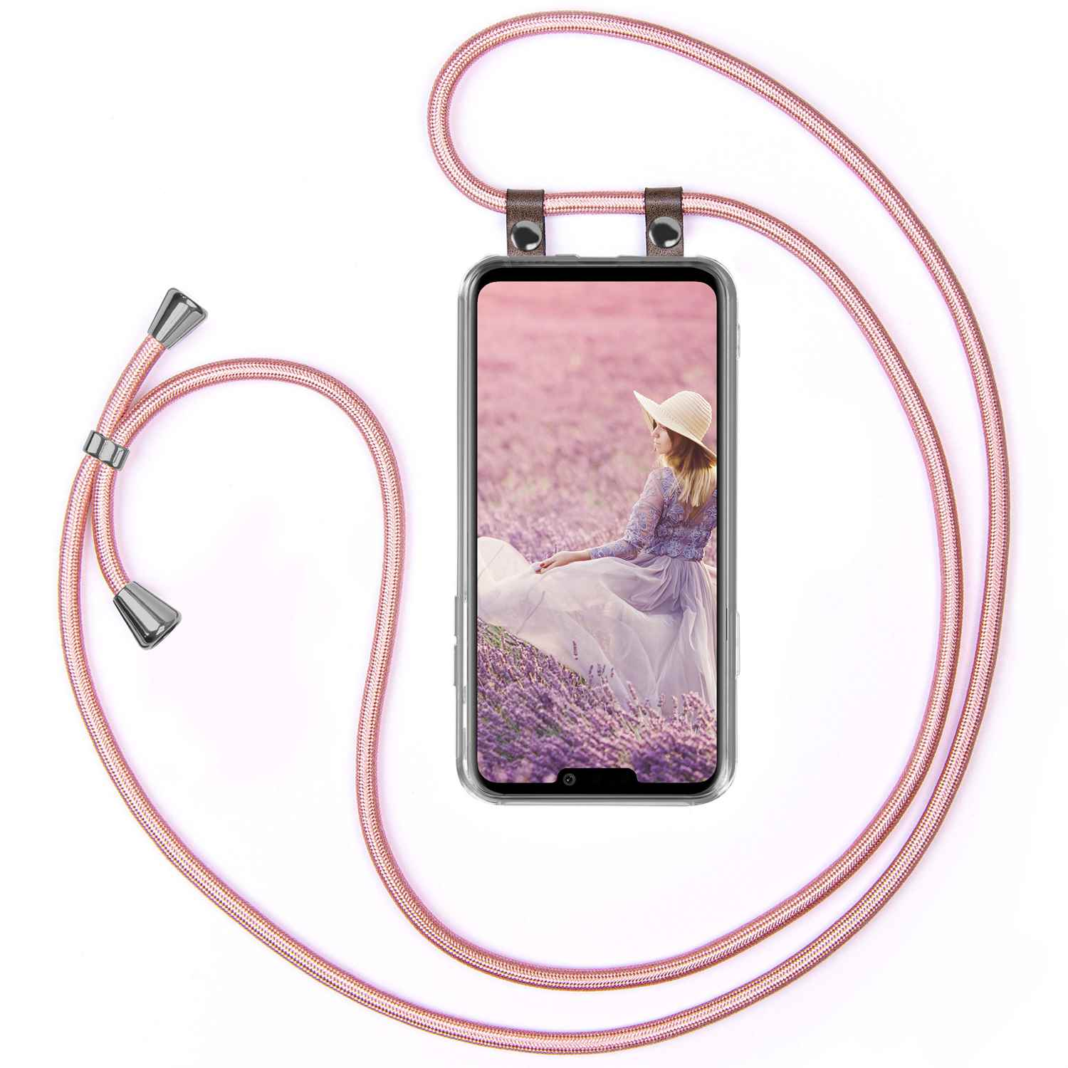 Telefon mit Frau im Feld, befestigt an einem rosa Band.