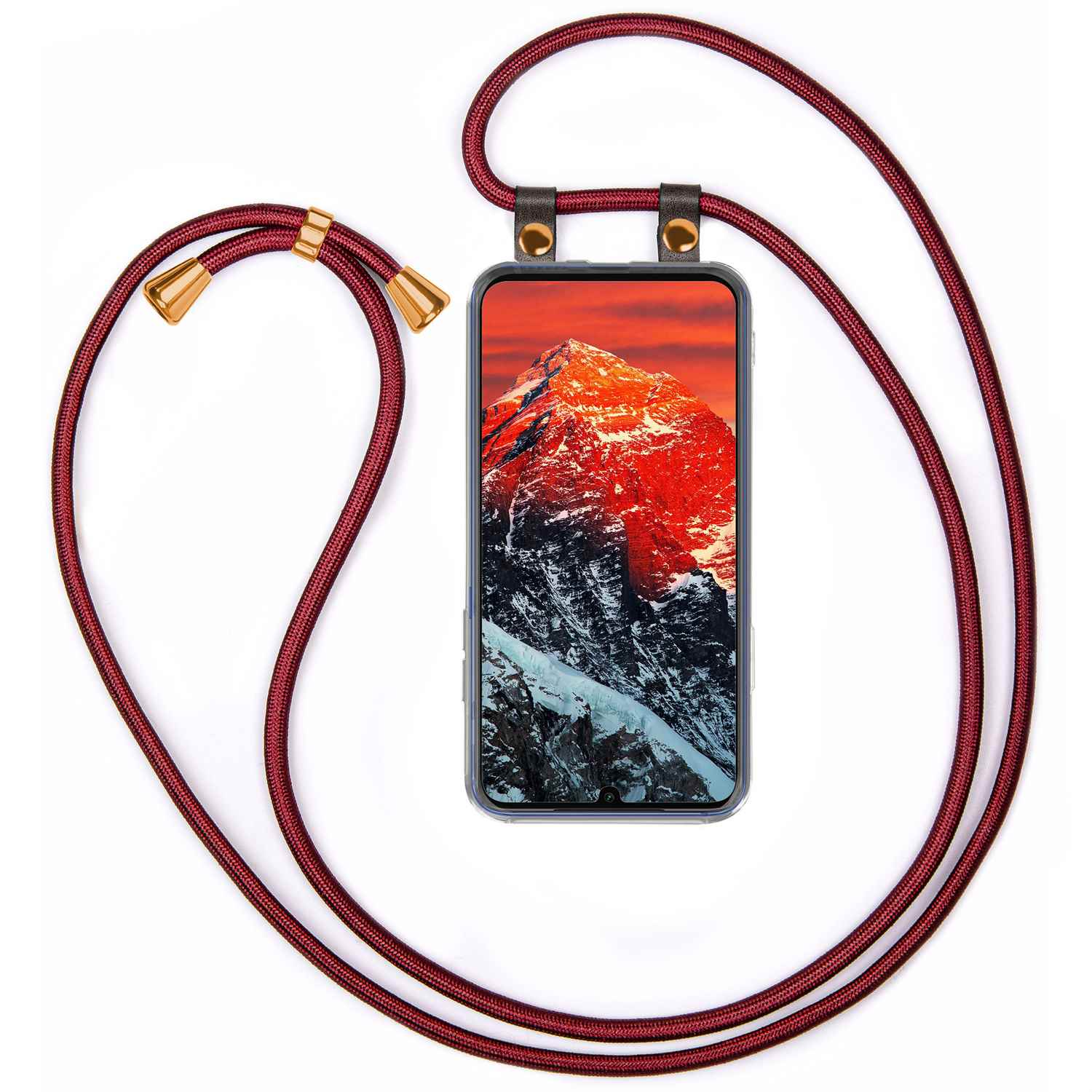 Telefon mit Berglandschaft, weinrotes Kabel. Dunkelroter Berg, Schnee und graues Kabel.