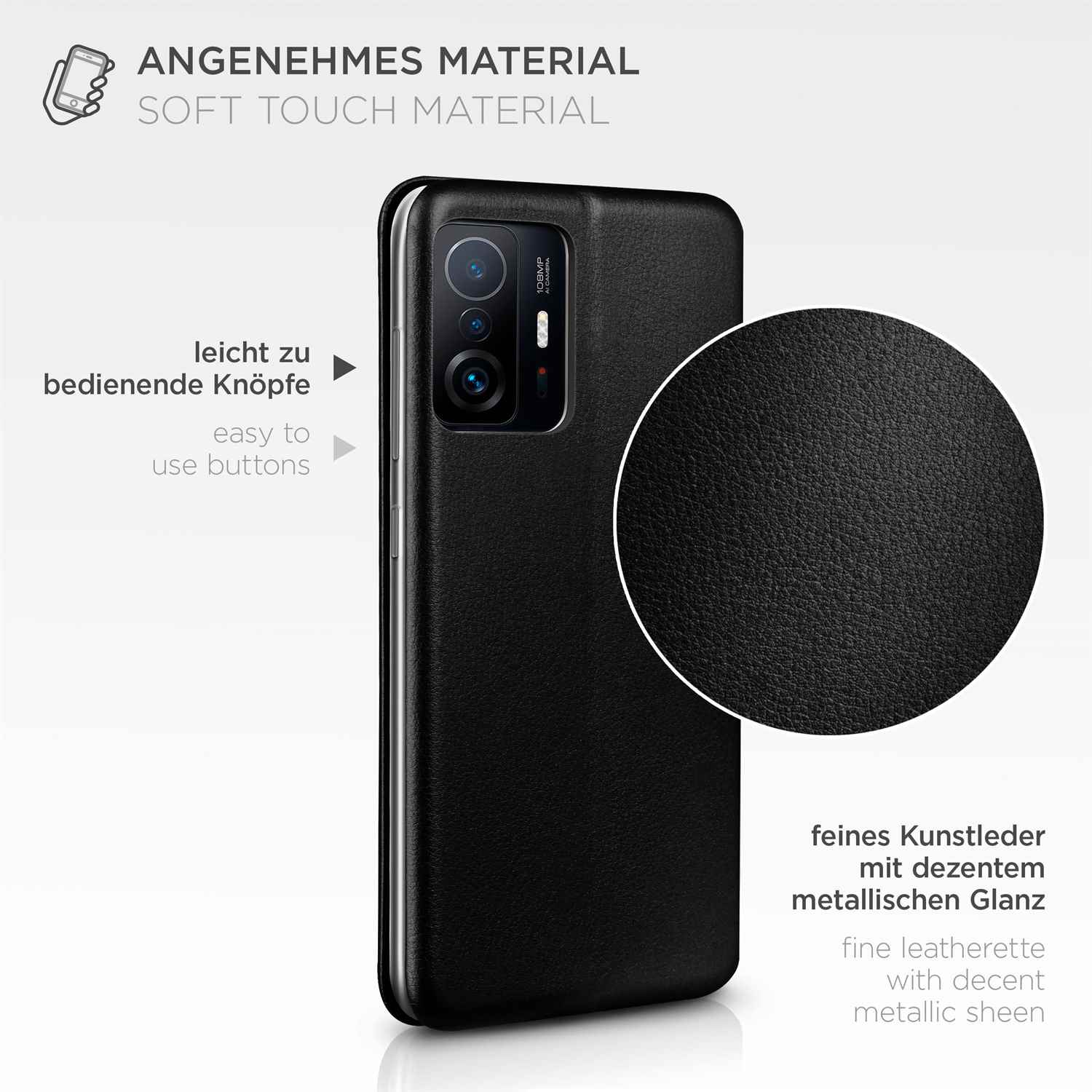 Schwarze Leder-Handyhülle mit dem Text 'ANGENEHMES MATERIAL SOFT TOUCH MATERIAL'.