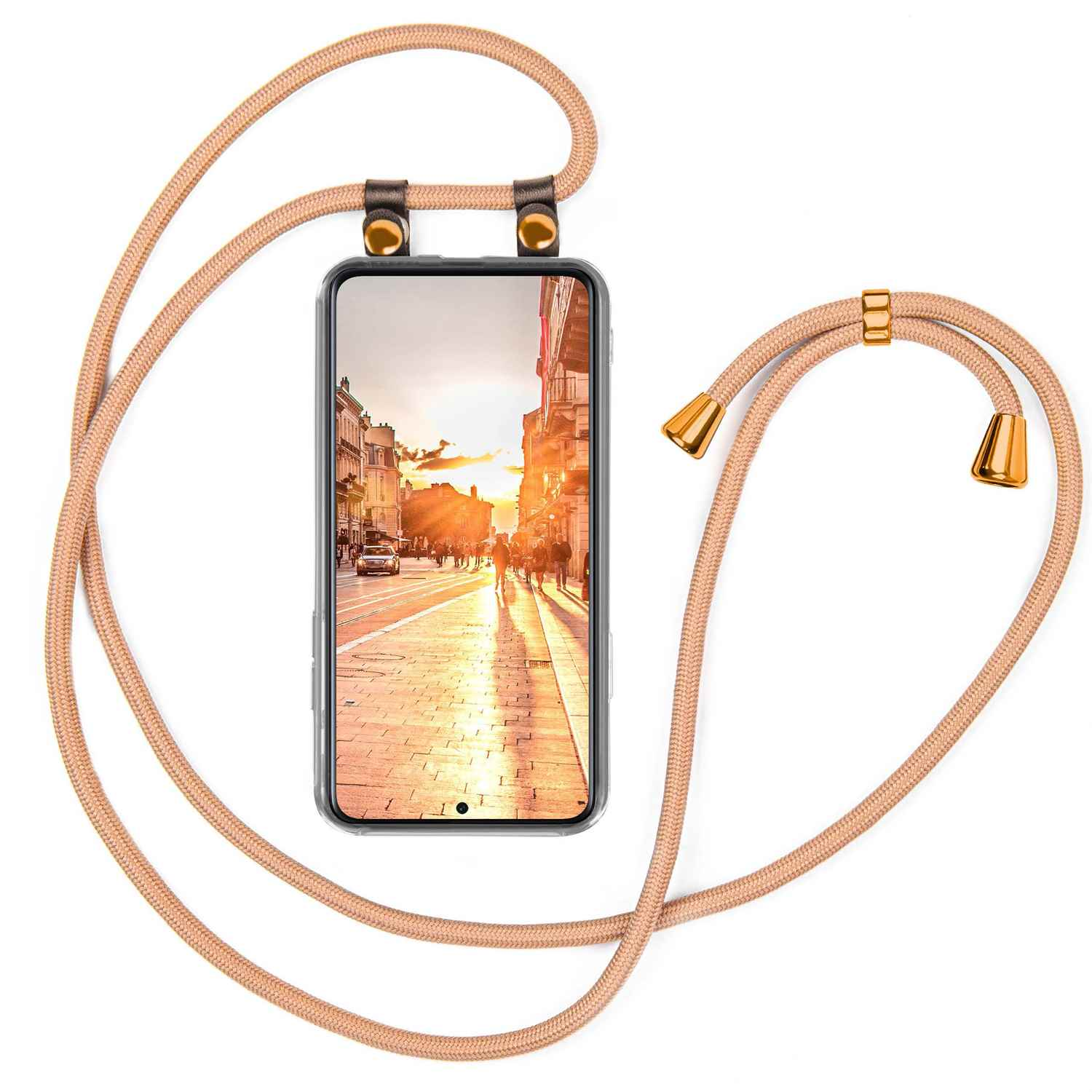 Telefon mit Stadtbild, befestigt an einem beigefarbenen Seil mit goldfarbenen Enden.