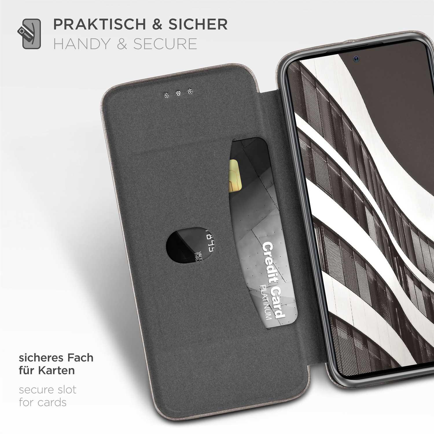 Geöffnete Handyhülle, zeigt Telefon und Kreditkarte. Text: 'Praktisch & Sicher'.