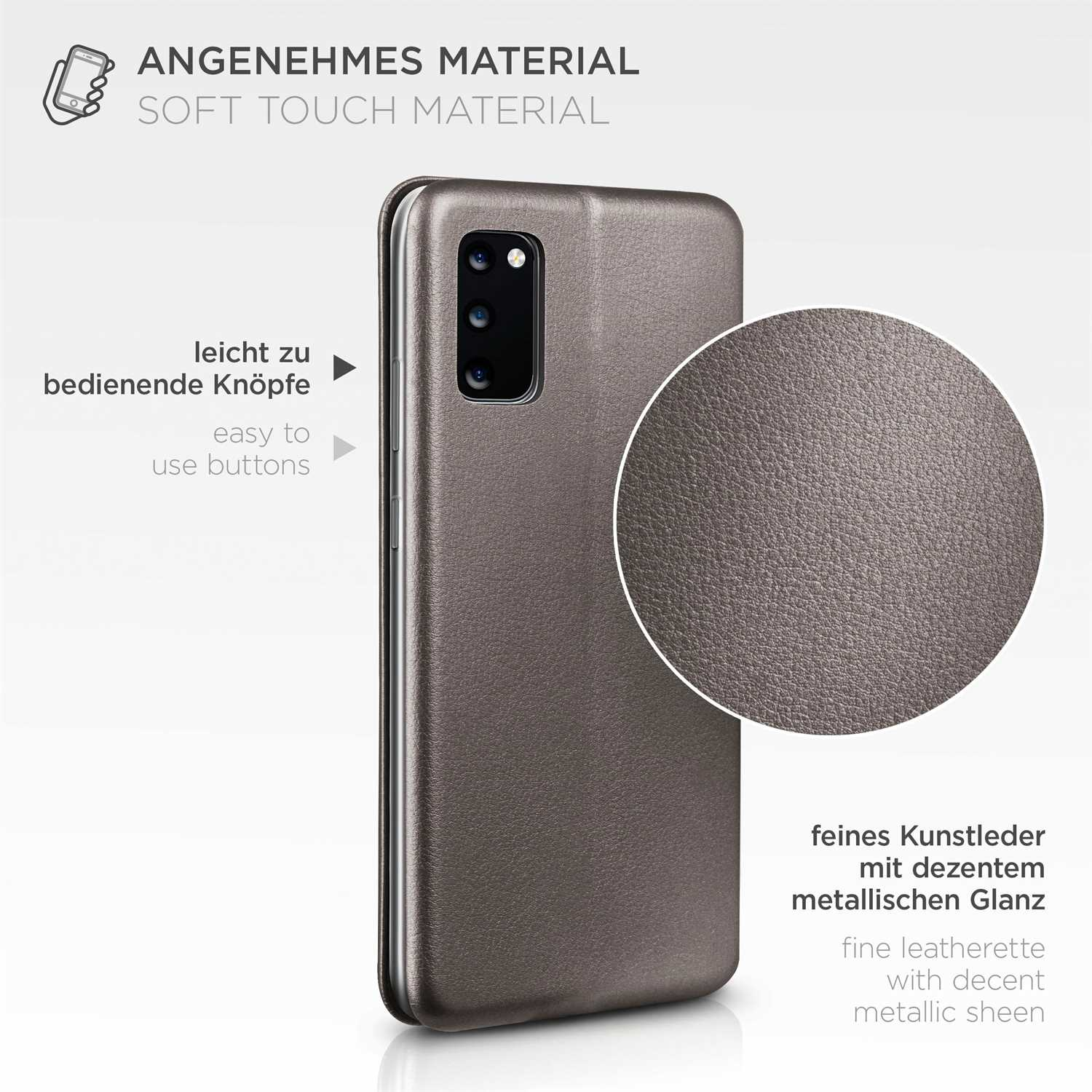 Graue Handyhülle mit Text und Detailaufnahme.