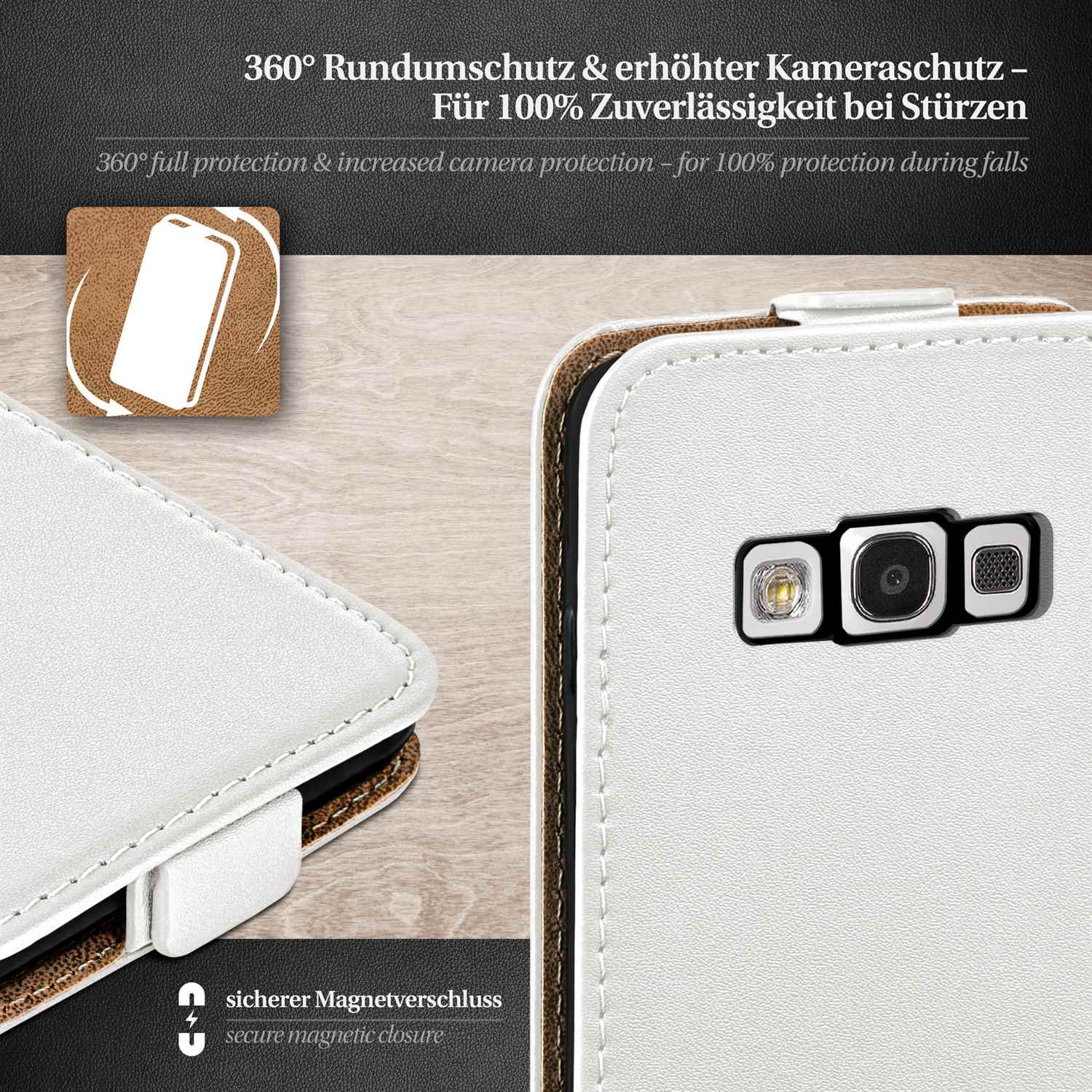 Handyhülle mit Text: 360° Schutz. Sicherer Magnetverschluss.