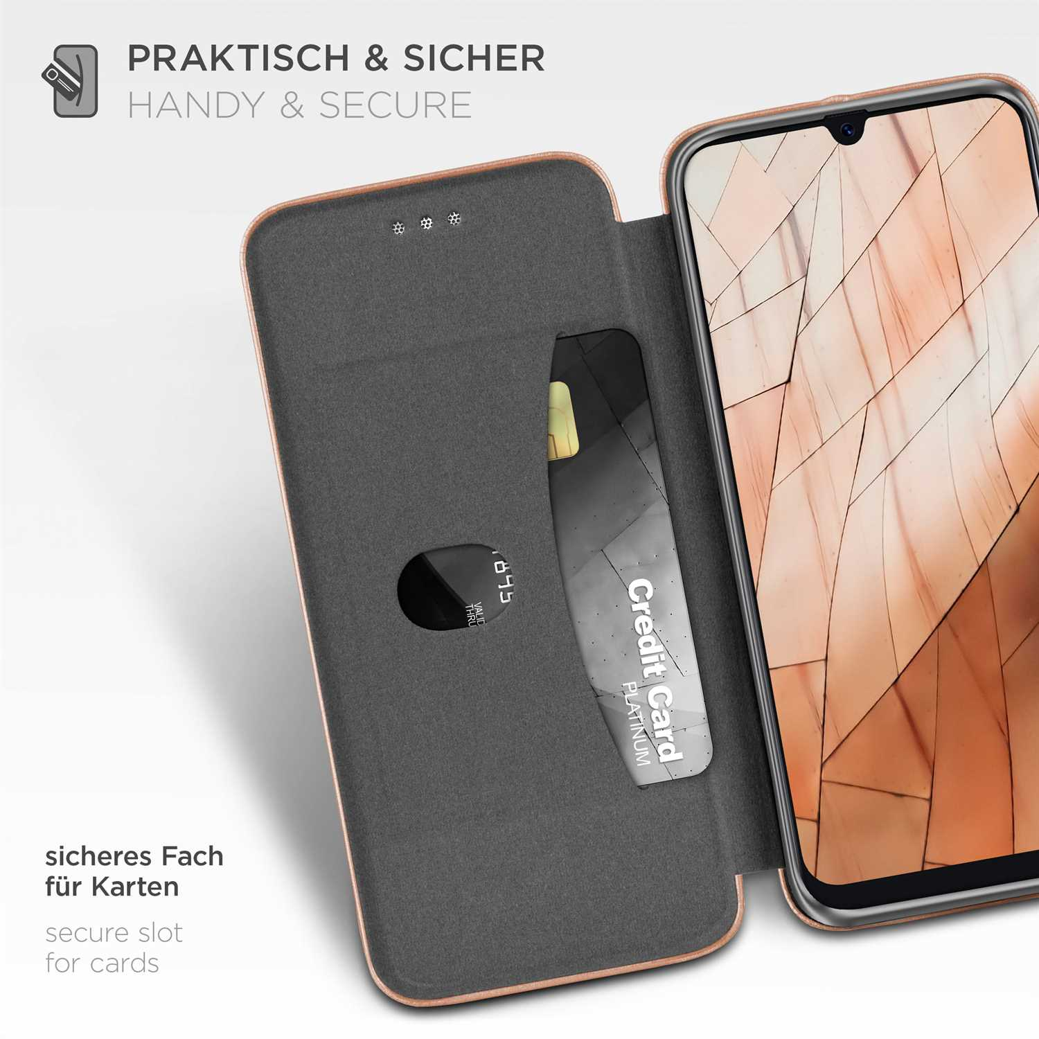Brieftaschen-Handyhülle mit Kreditkartenfächern. Eine Kreditkarte ist teilweise in einem Schlitz sichtbar.