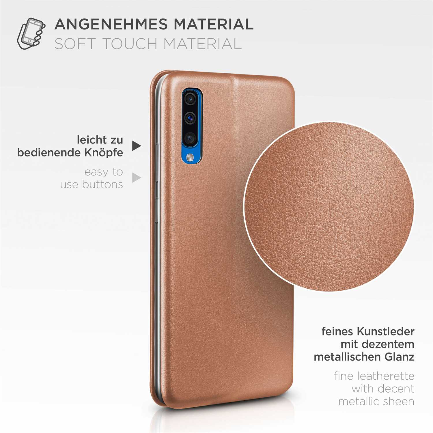 Eine Handyhülle mit kupferfarbenem Finish und Nahaufnahme ihrer strukturierten Oberfläche.