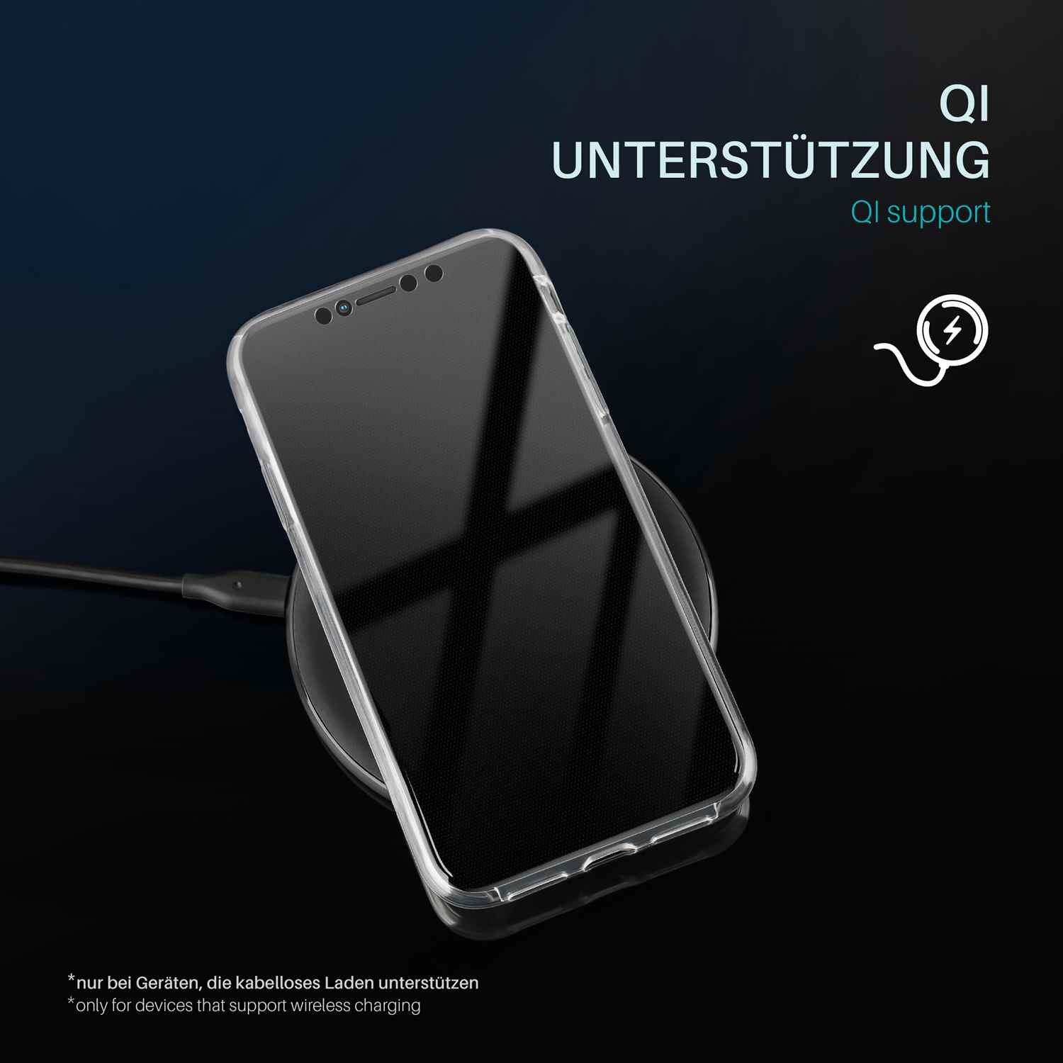 Ein Telefon liegt auf einem kabellosen Ladegerät. Die Hülle ist transparent. Text: QI-Unterstützung.
