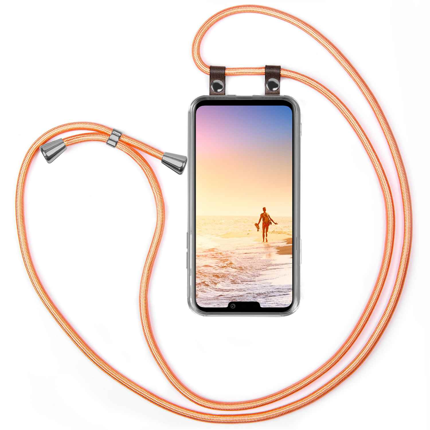 Telefon mit Person am Strand. Oranges Seil.