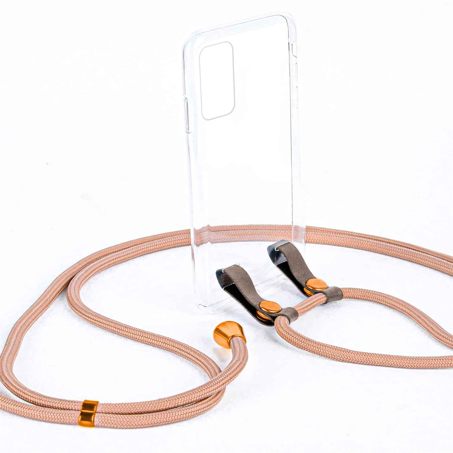 Ein Telefon mit einem rosa Schlüsselband. Das Telefon befindet sich in einer transparenten Hülle und einem goldenen Kreis.