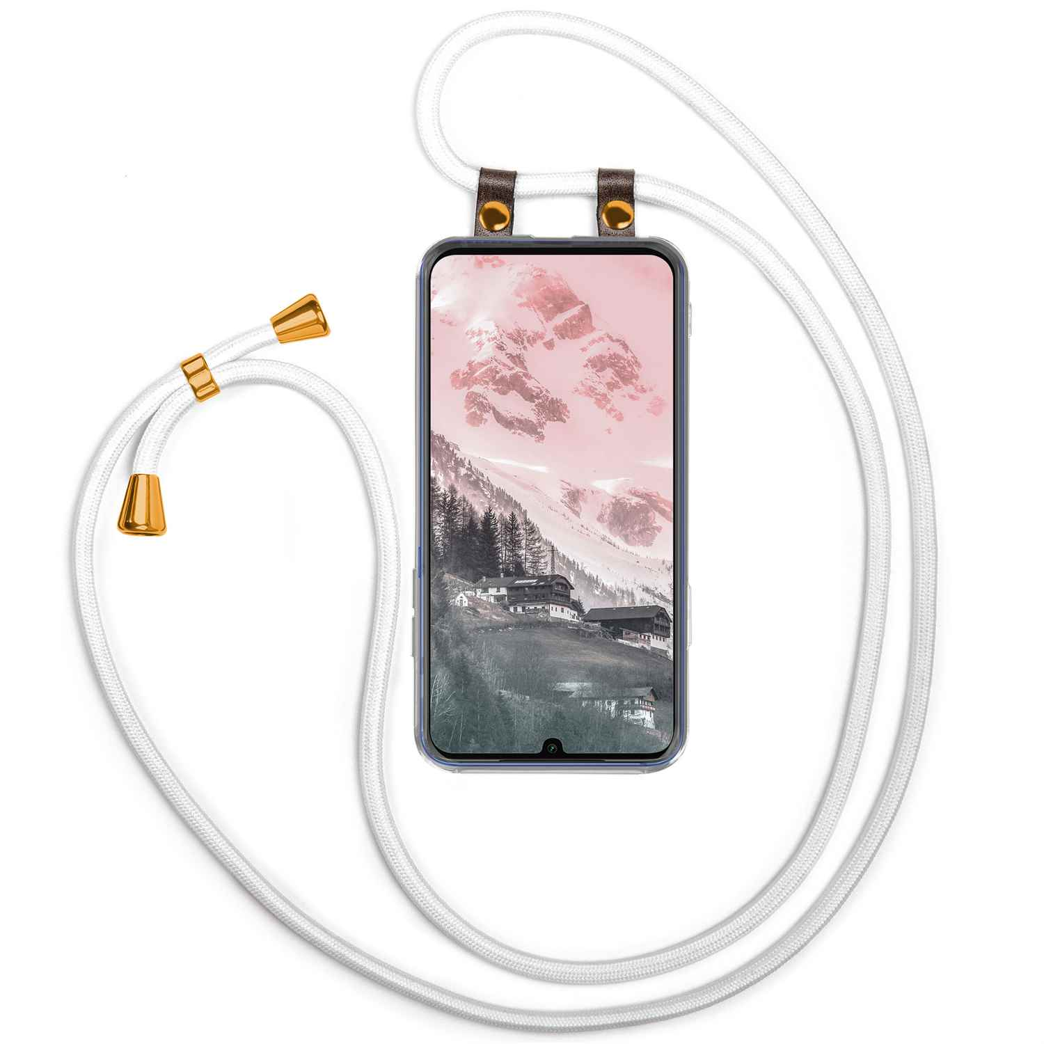 Weißes Kordel-Handycase mit Bild von Häusern in Bergen.