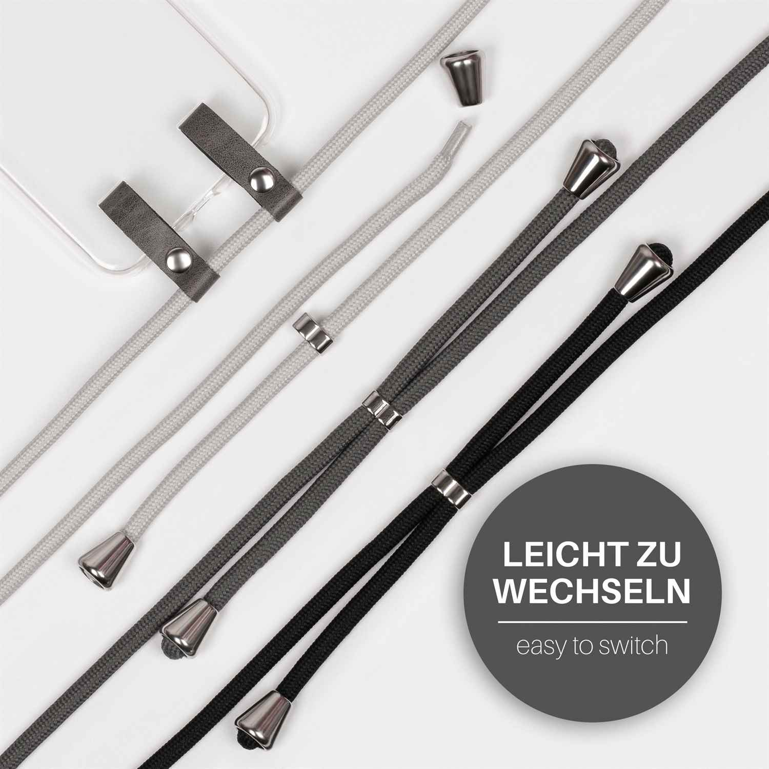 Handy-Lanyards in Grau, Schwarz und Weiß. Text "Easy to switch" ist sichtbar. Weißer Hintergrund.