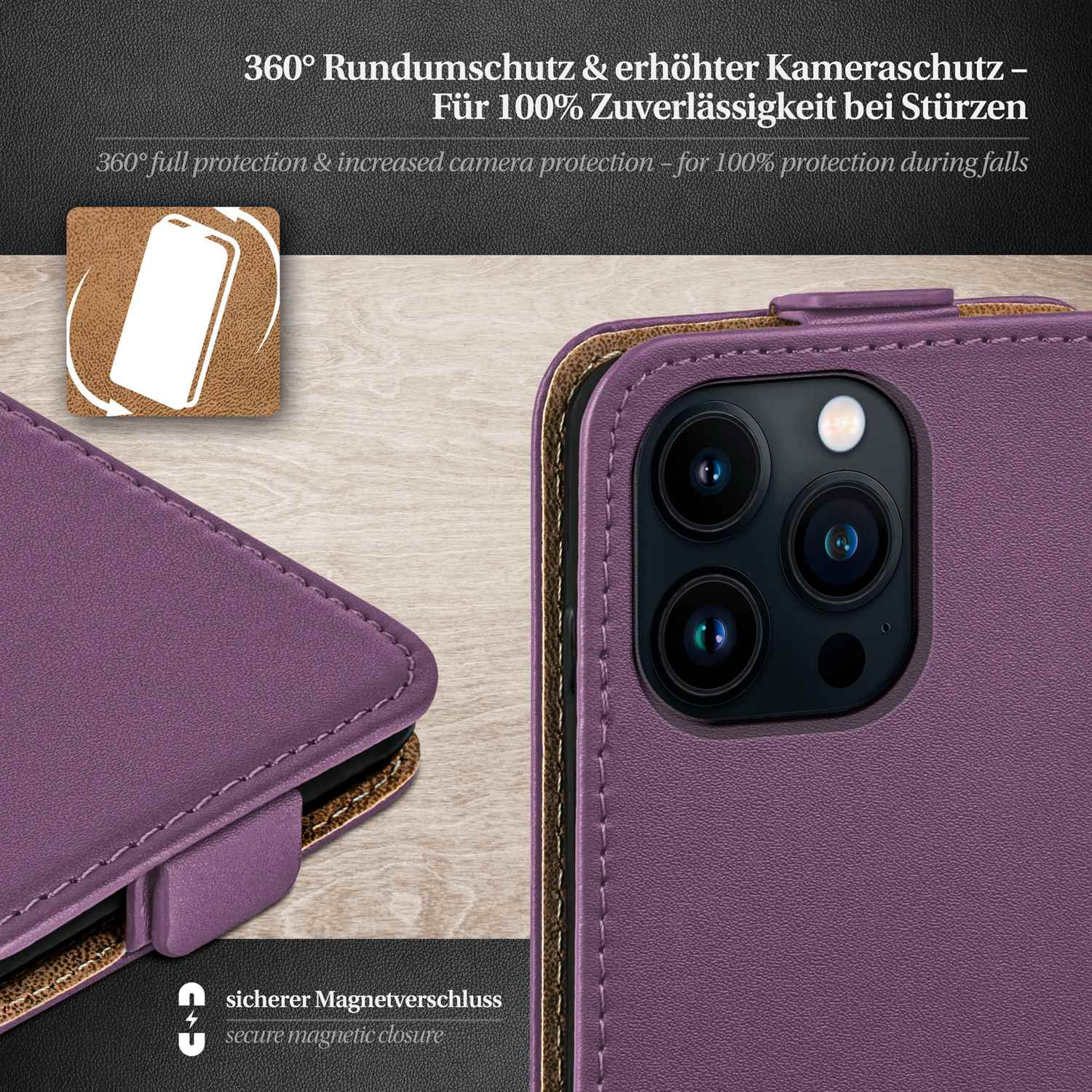 Lila Handyhülle mit Kameraschutz. Text: 360° Rundumschutz & erhöhter Kameraschutz.