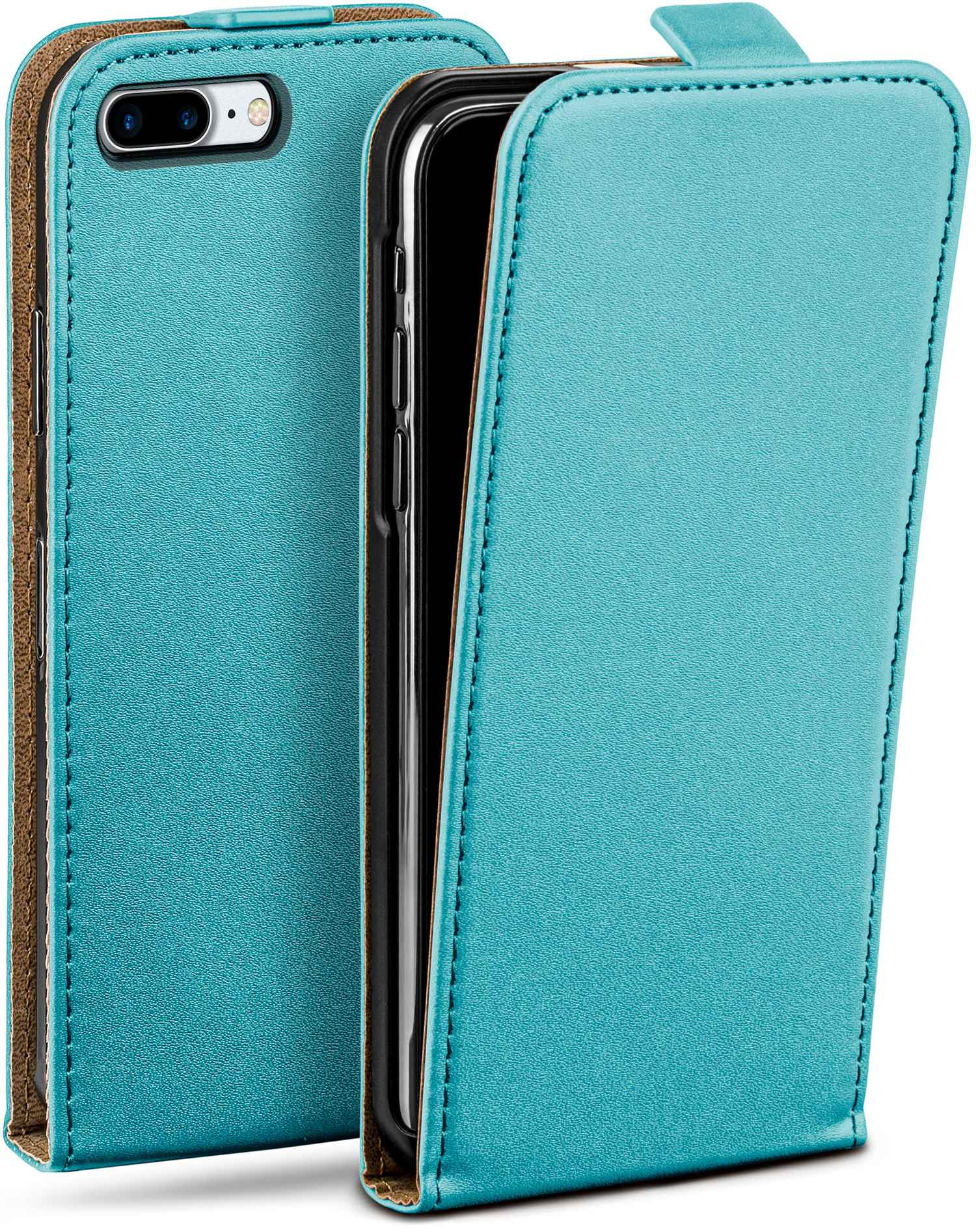 Türkisfarbene Leder-Handyhülle, geöffnet, um ein Telefon zu zeigen.