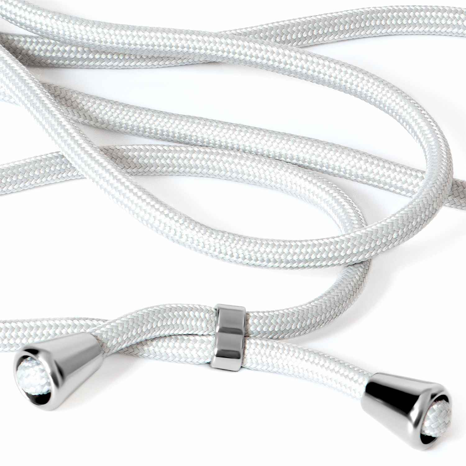 Silbernes Telefon-Lanyard mit silbernen Akzenten auf weißem Hintergrund. Geflochtene Textur ist sichtbar.