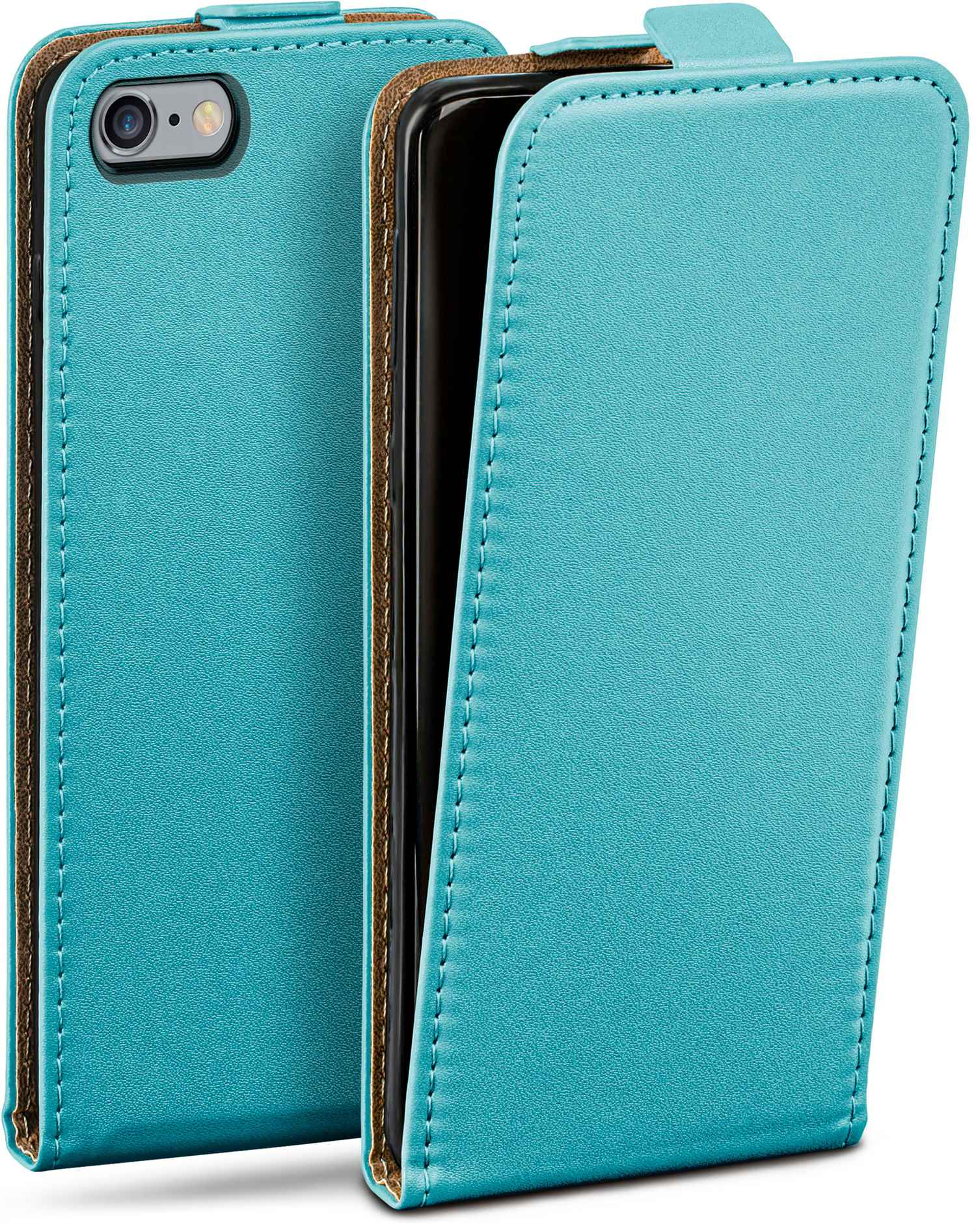 Türkisfarbene Handyhülle mit geöffnetem Telefon. Die Handyhülle ist aus Leder.