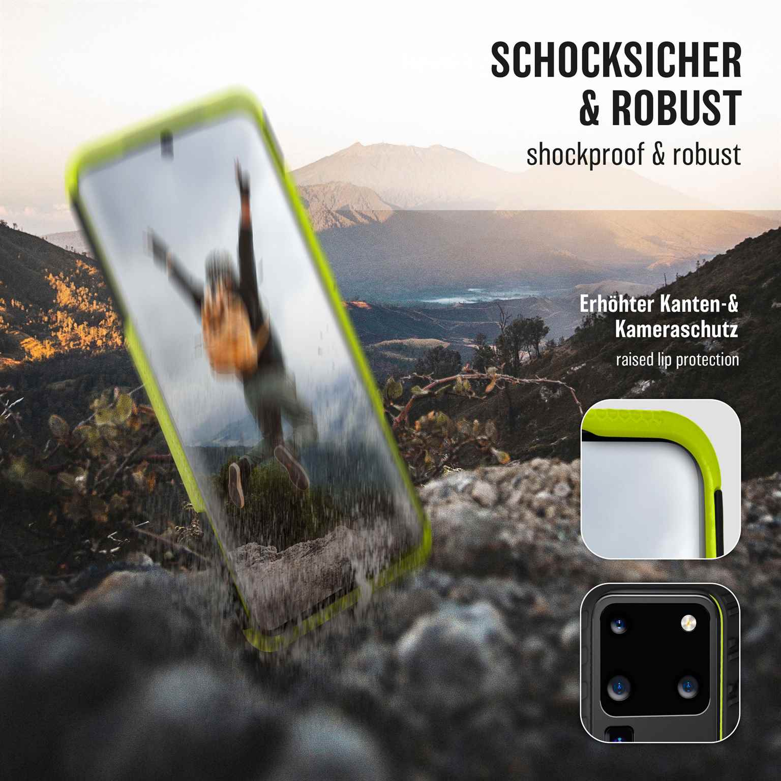 Stoßfeste Handyhülle fällt, mit sichtbarem Telefonbildschirm, mit grünem Rahmen.