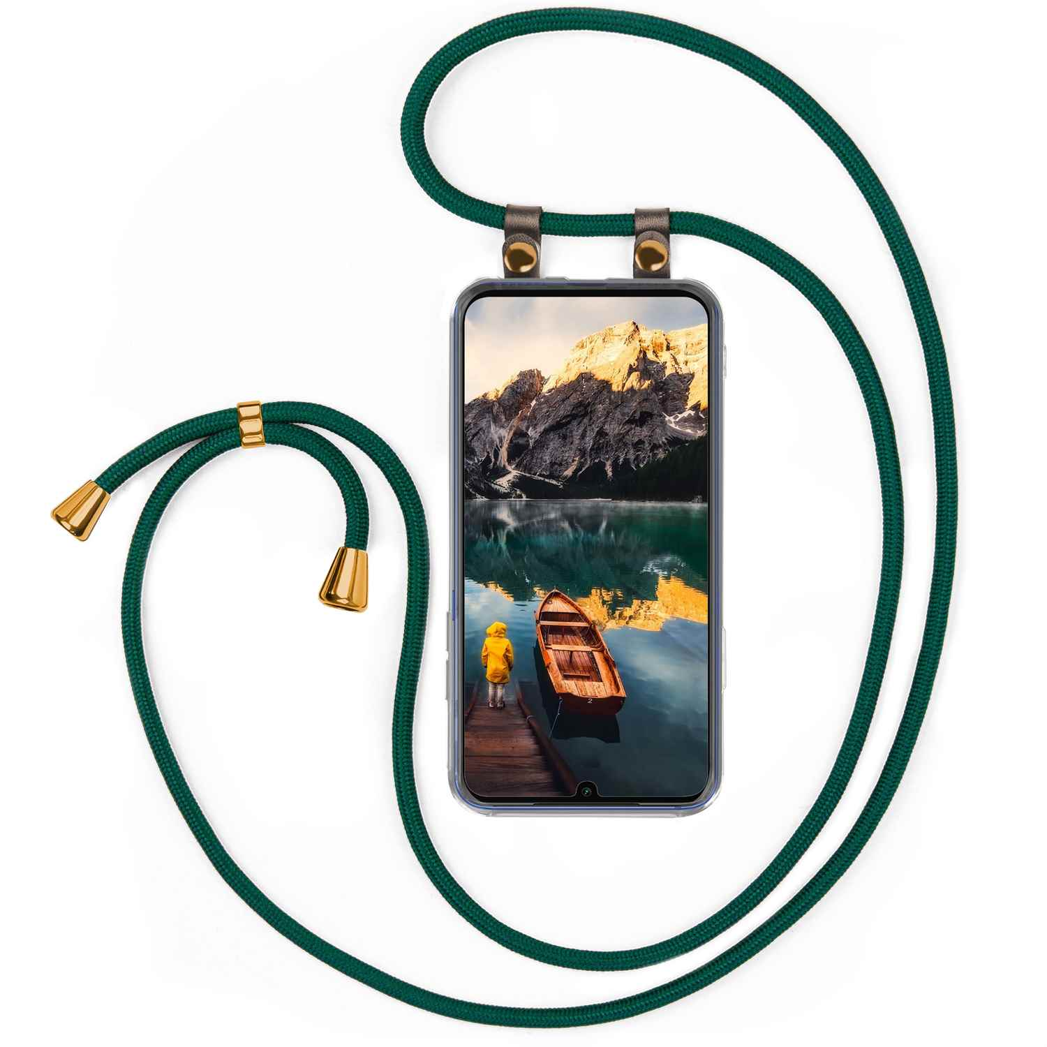 Telefon mit See-Bild, gehalten von grüner Schnur. Mit Holzsteg und Bergen.