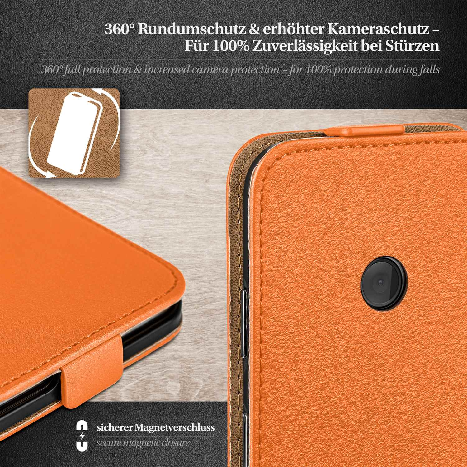 Nahaufnahme einer orangenen Handyhülle. Der Text auf der Hülle wirbt für Schutzfunktionen.