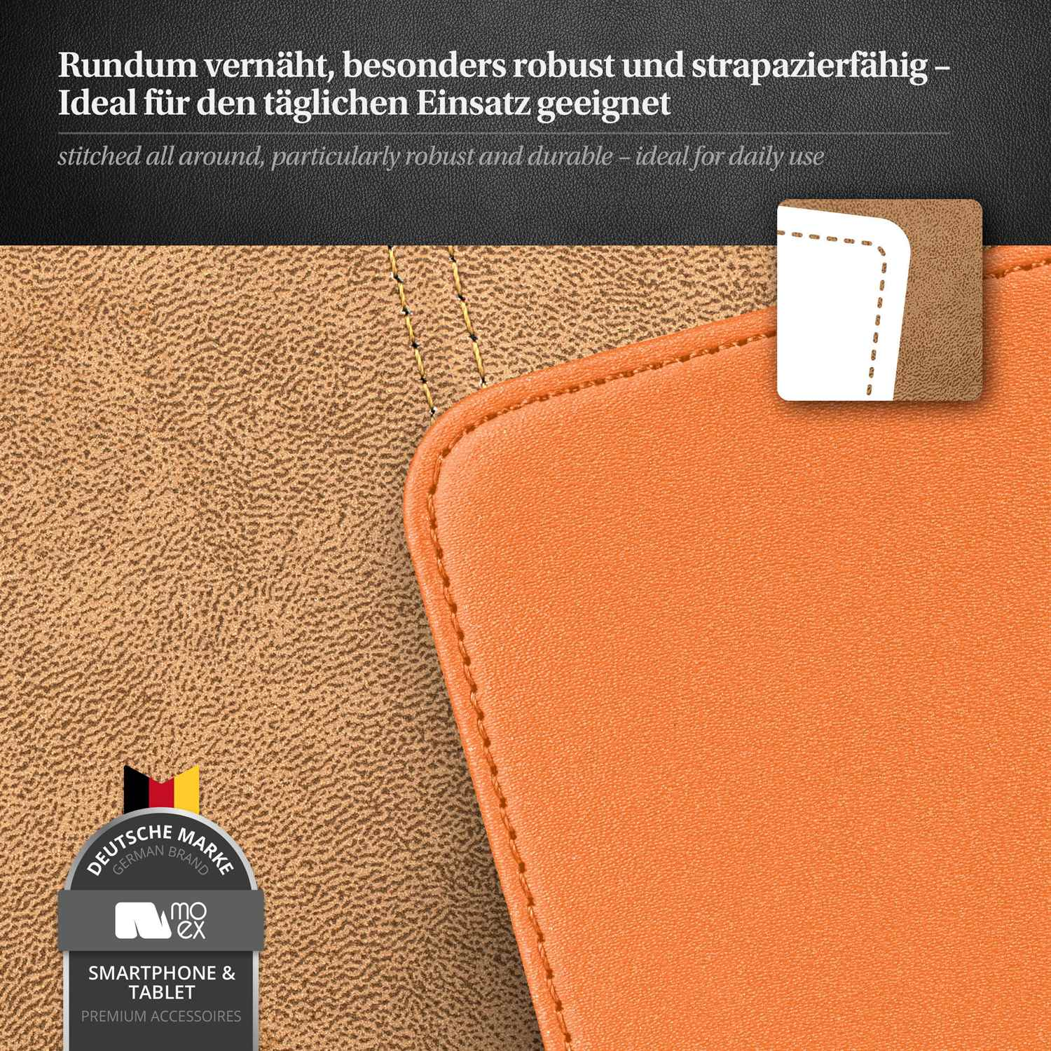Orange und hellbraune Handyhülle. Ein genähtes Design mit Text und Logo.