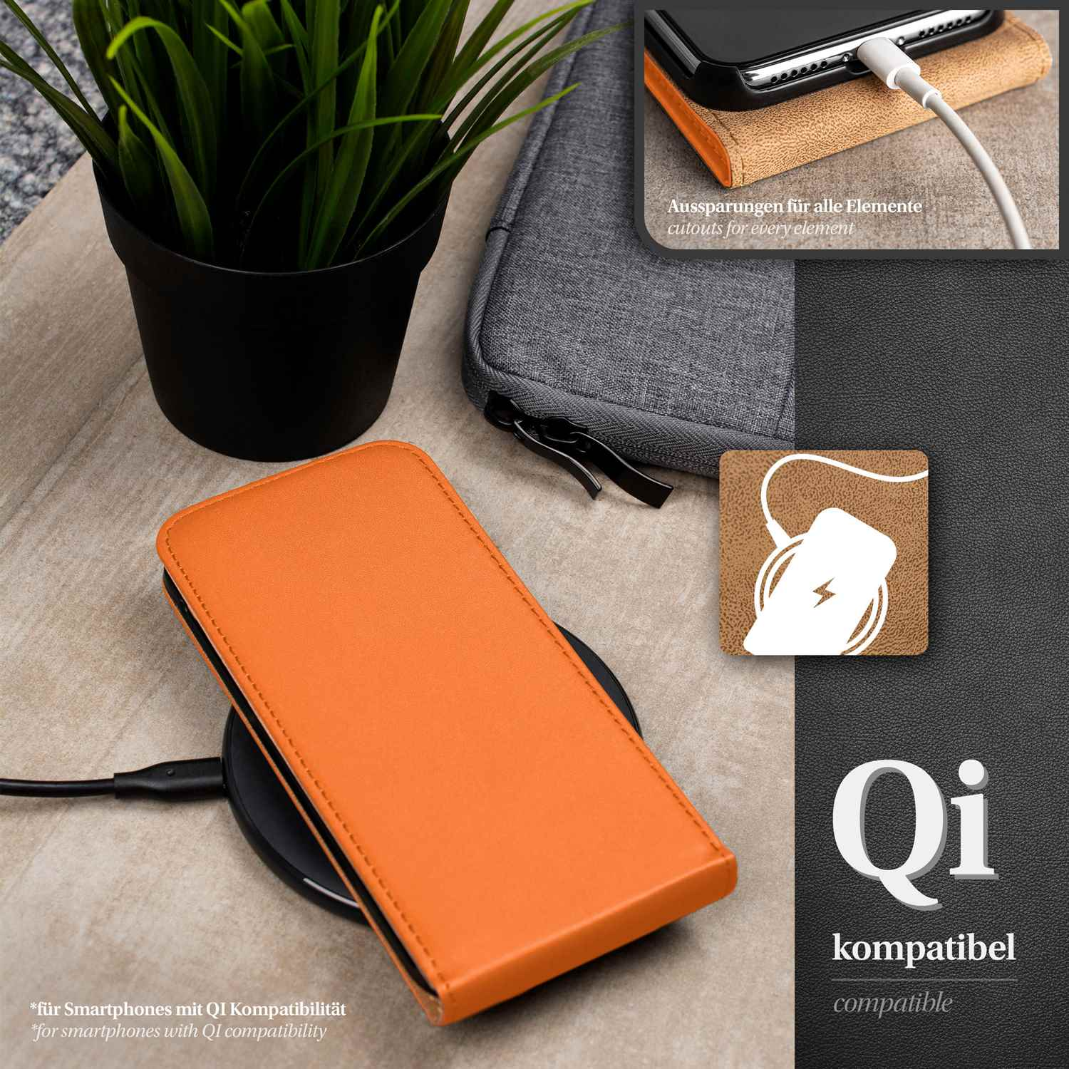 Eine orangefarbene Handyhülle wird kabellos auf einem schwarzen Pad aufgeladen. Ein Telefon wird darin aufgeladen.