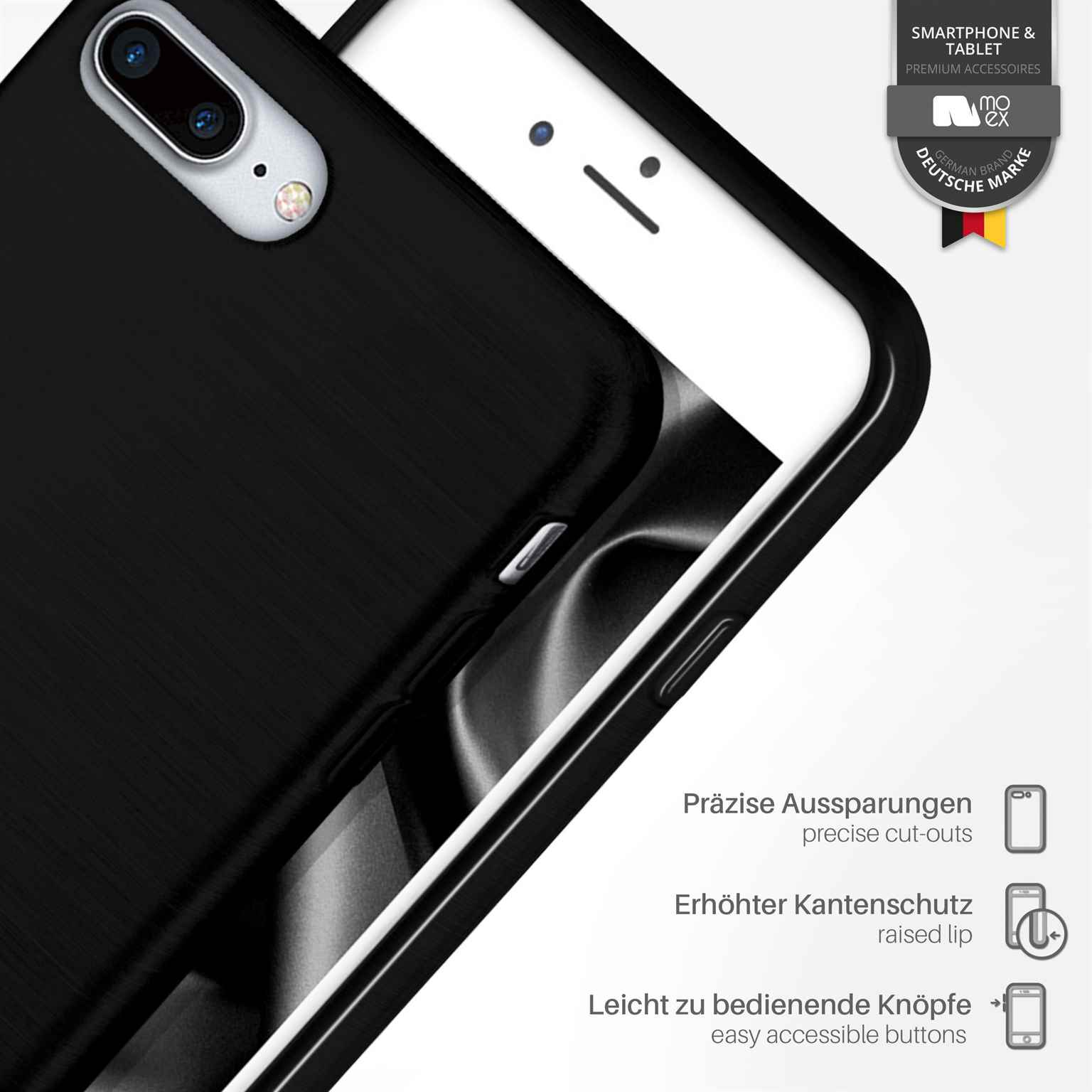 Eine schwarze Handyhülle mit schwarzem Telefon. Präzise Aussparungen und erhöhte Kanten.