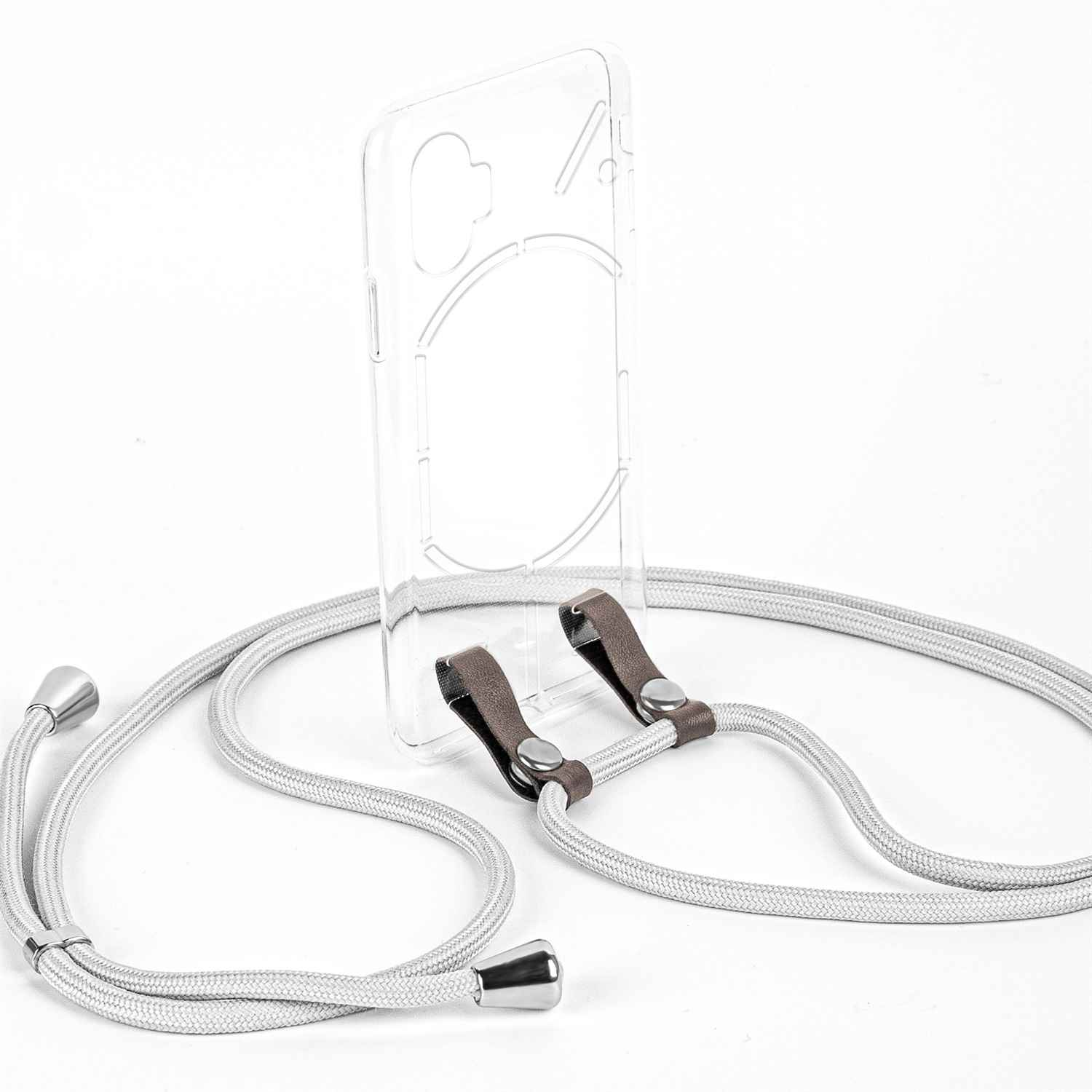 Eine transparente Handyhülle mit grauem Band und silbernem Ende. Ein transparentes Telefon wird gezeigt.