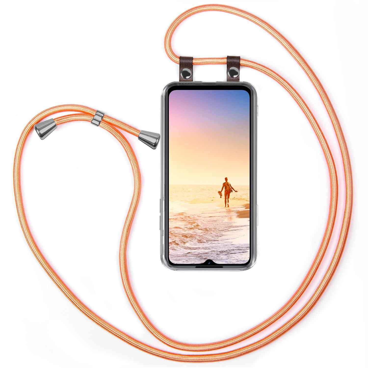 Handyhülle mit orangefarbenem Kordel, Bild einer Person am Strand.