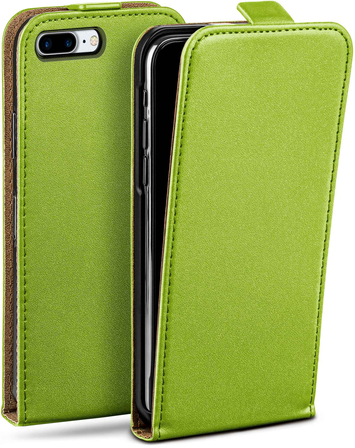 Grüne Handyhülle, geöffnet, mit einem Telefon im Inneren.