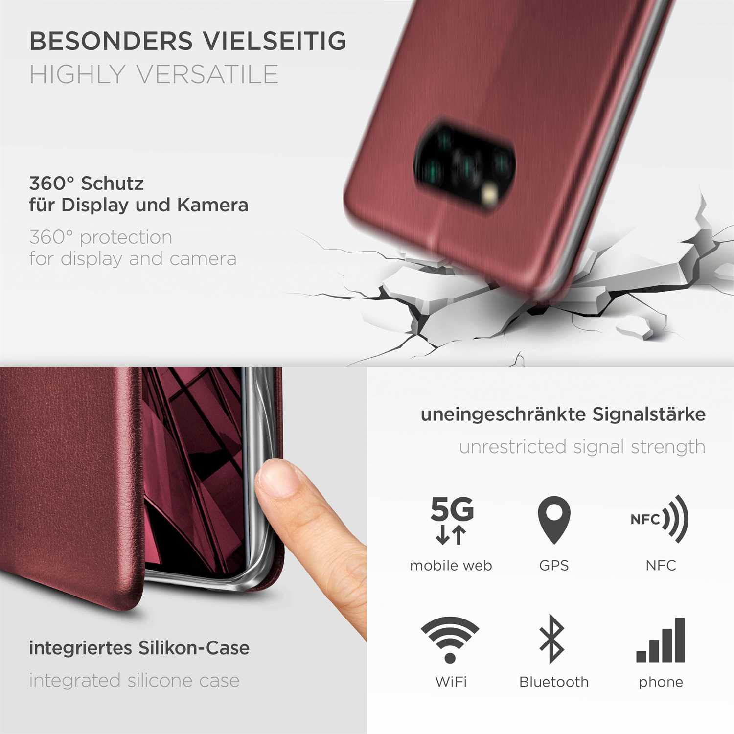 Handyhülle mit Text über Schutz und kabellose Ladesymbole. Weißer Hintergrund.