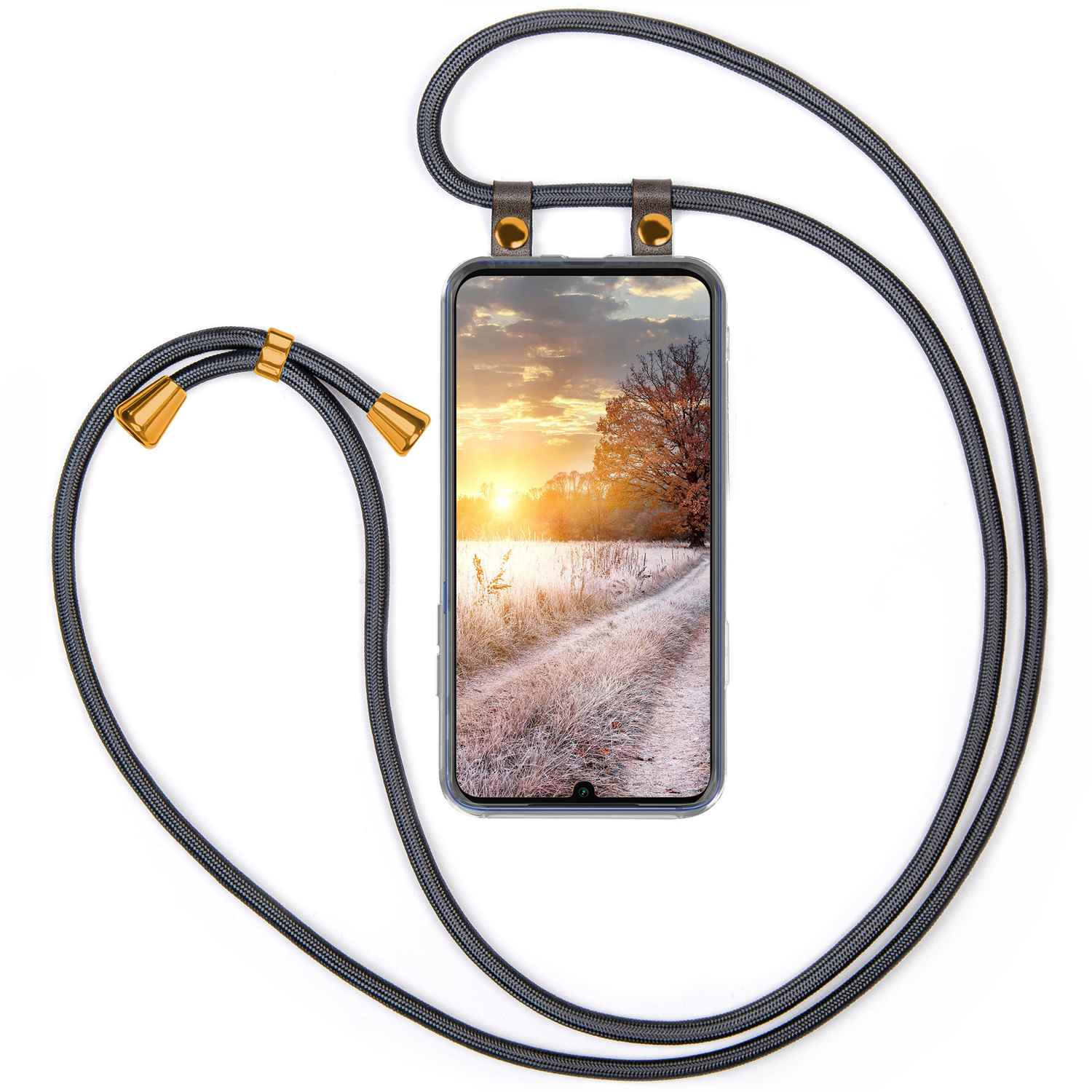 Handyhülle mit grauem Kordel. Telefon zeigt Landschaft mit Straße und Sonnenuntergang.