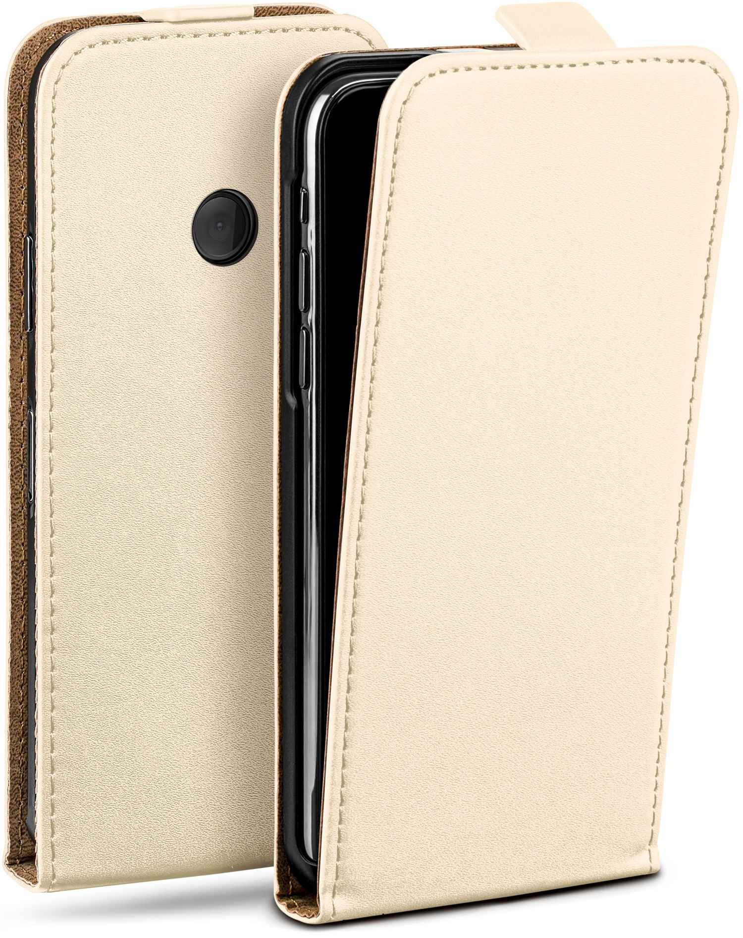 Beige Handyhülle, offen, mit dem Telefon im Inneren.