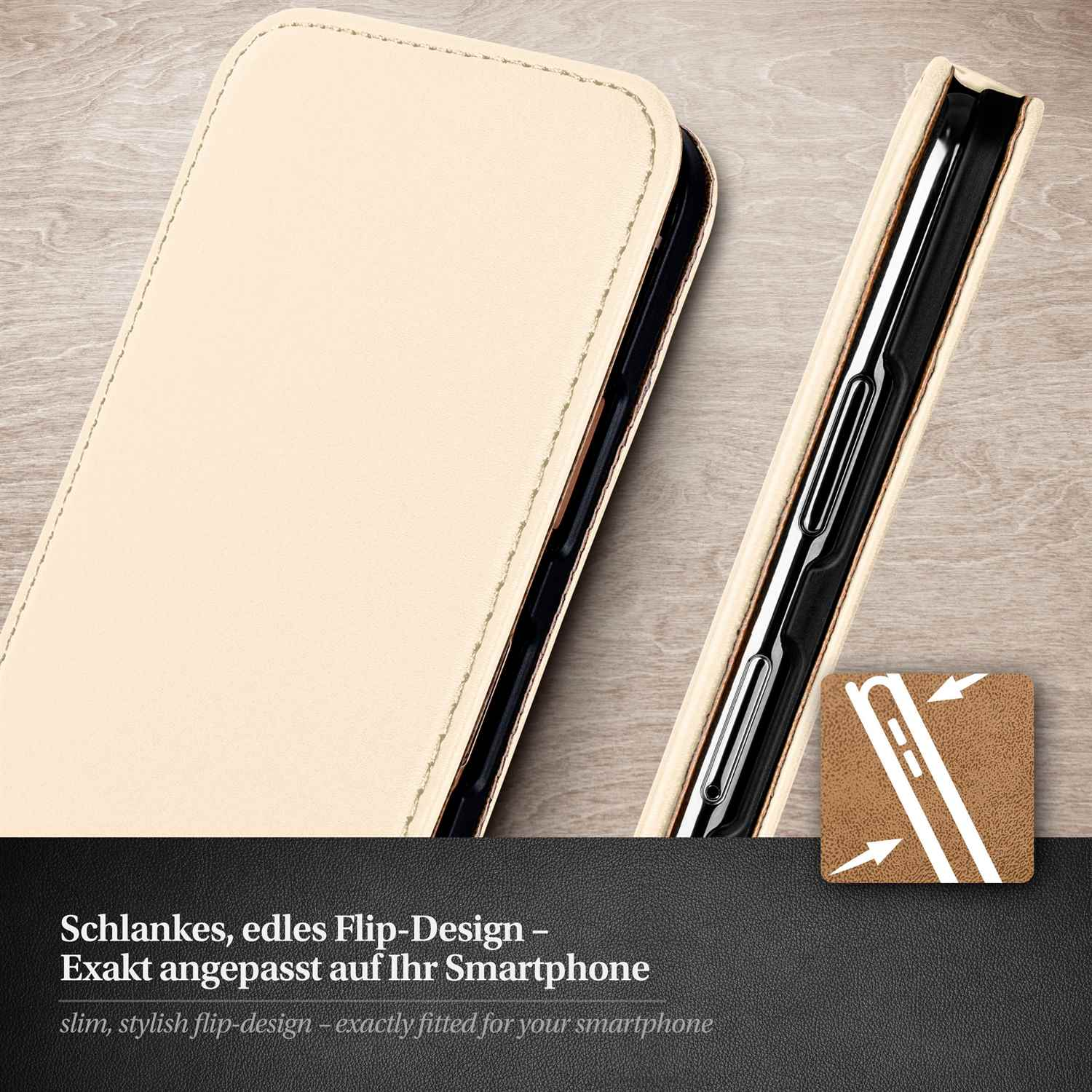 Nahaufnahme einer Handyhülle. Beiger Deckel mit schwarzem Innenraum. Das Telefon ist teilweise sichtbar.