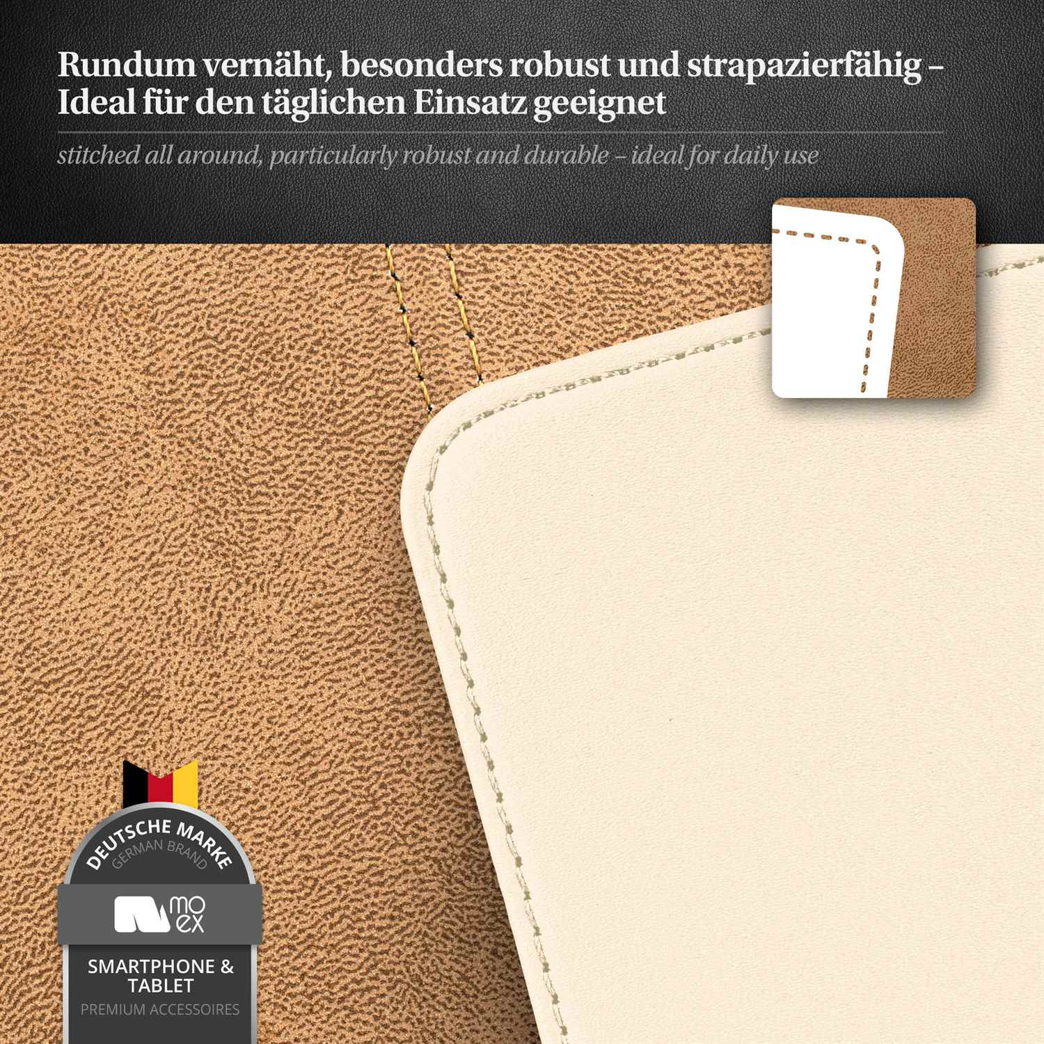 Nahaufnahme einer genähten Handyhülle. Text auf Deutsch, 'Ideal für den täglichen Einsatz'. Beige und braun.