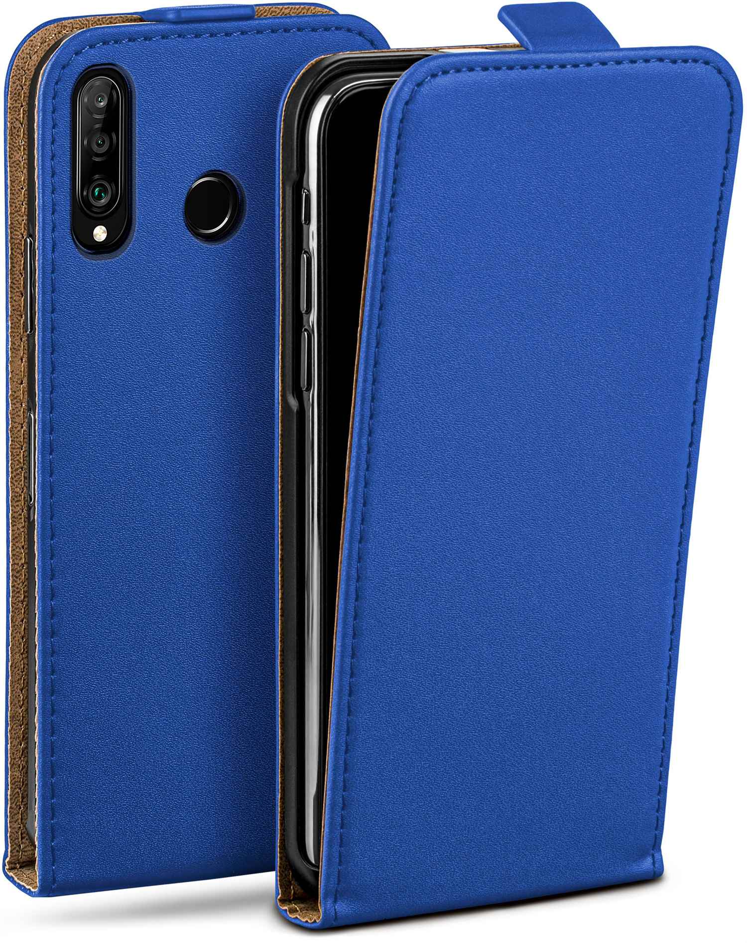 Blaue Handyhülle, offen, Telefon sichtbar. Brauner Rand innen.