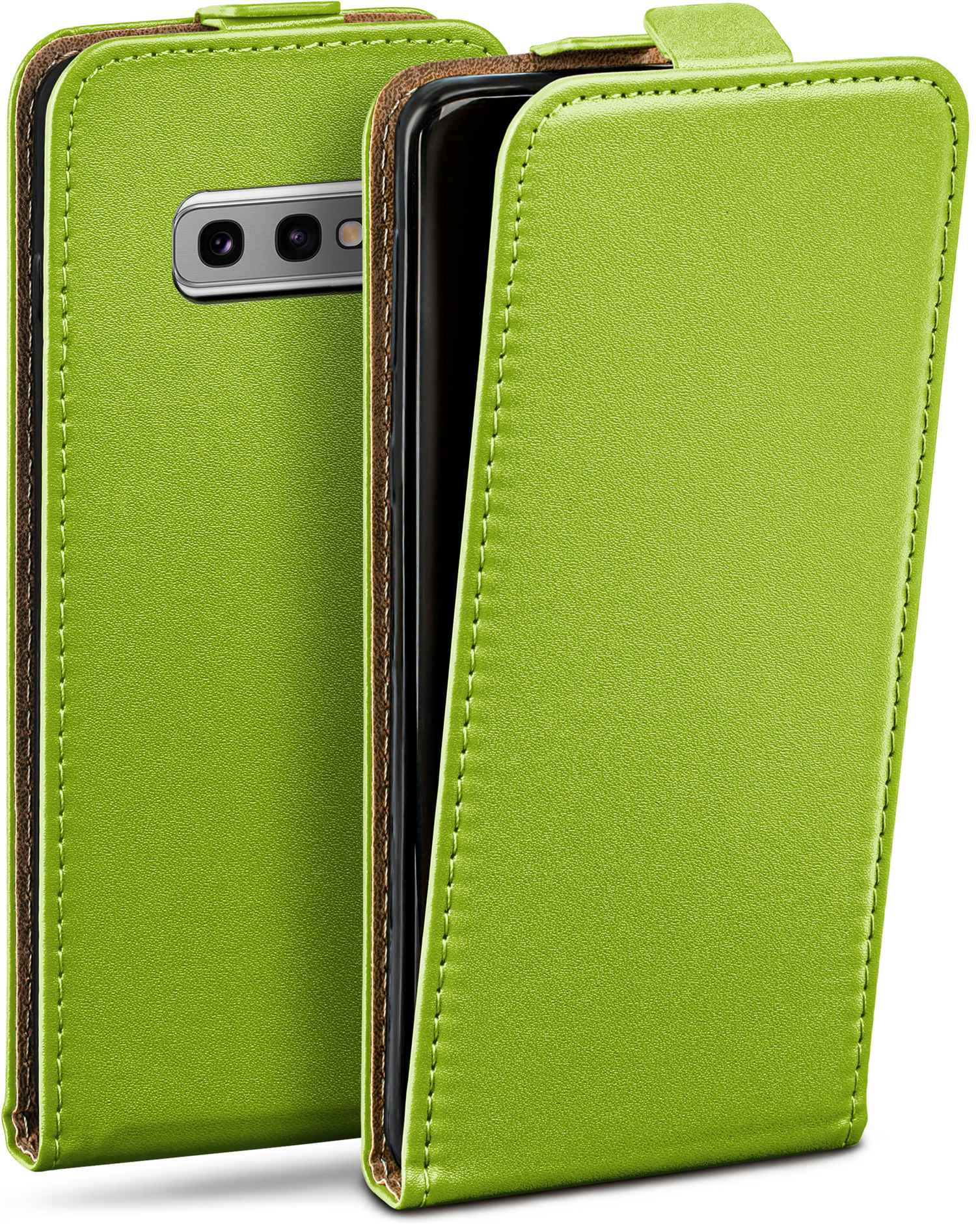 Grüne Handyhülle mit einem Telefon, die Hülle ist geöffnet.