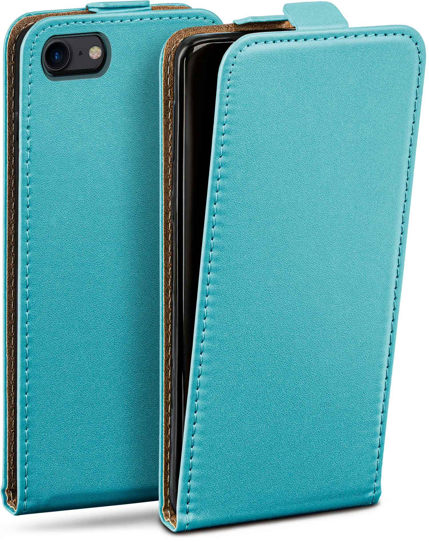 Blaue Handyhülle, geöffnet, mit einem Telefon im Inneren.