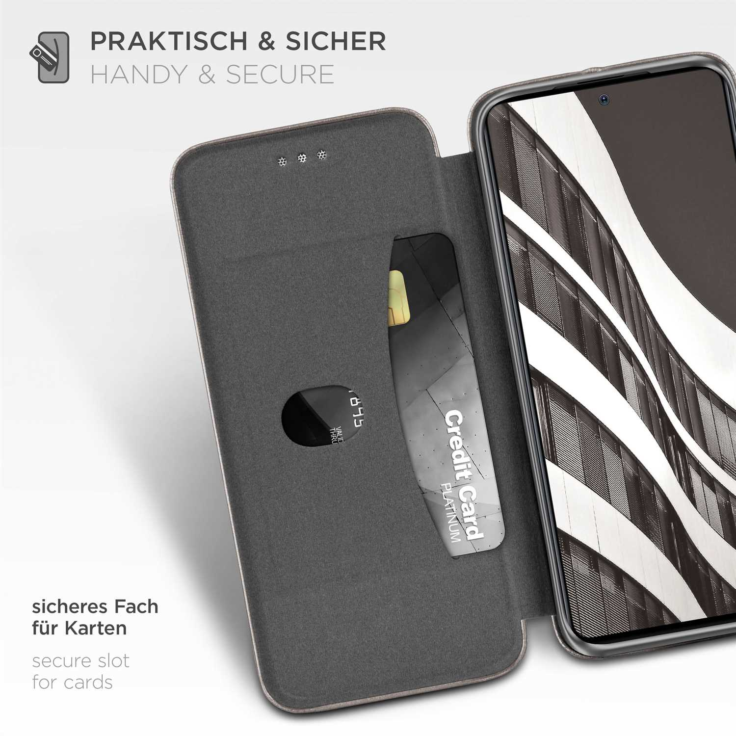 Handyhülle geöffnet, um einen Kreditkarten-Slot zu zeigen. Das Telefon zeigt eine Stadtlandschaft.