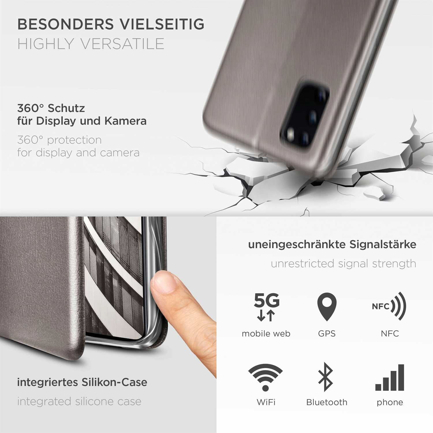 Ein Telefon mit Hülle, mit Text: sehr vielseitig, 360°-Schutz und Symbolen für 5G, GPS, NFC, WLAN, Bluetooth.