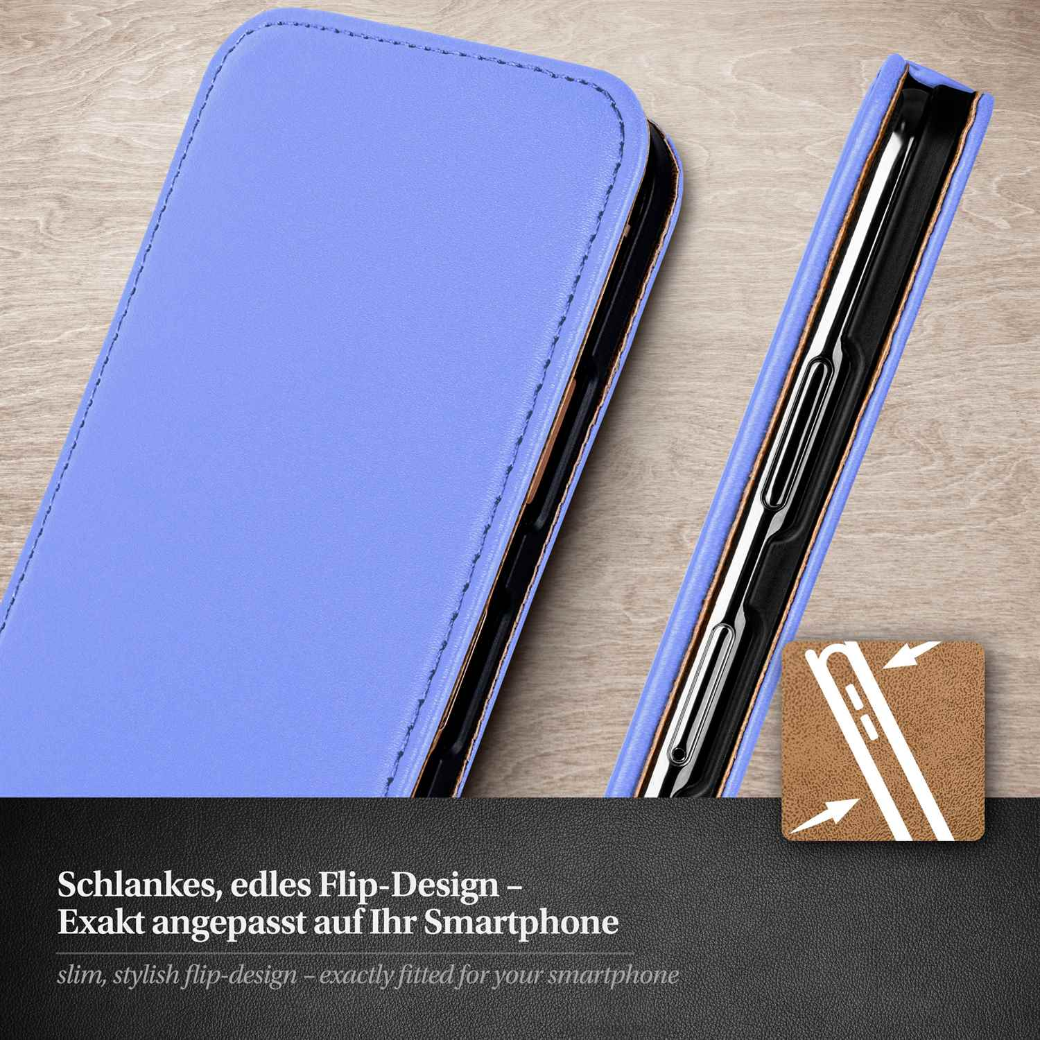 Blaues Handycase geschlossen und offen, mit Text 'schlankes Flip-Design'.