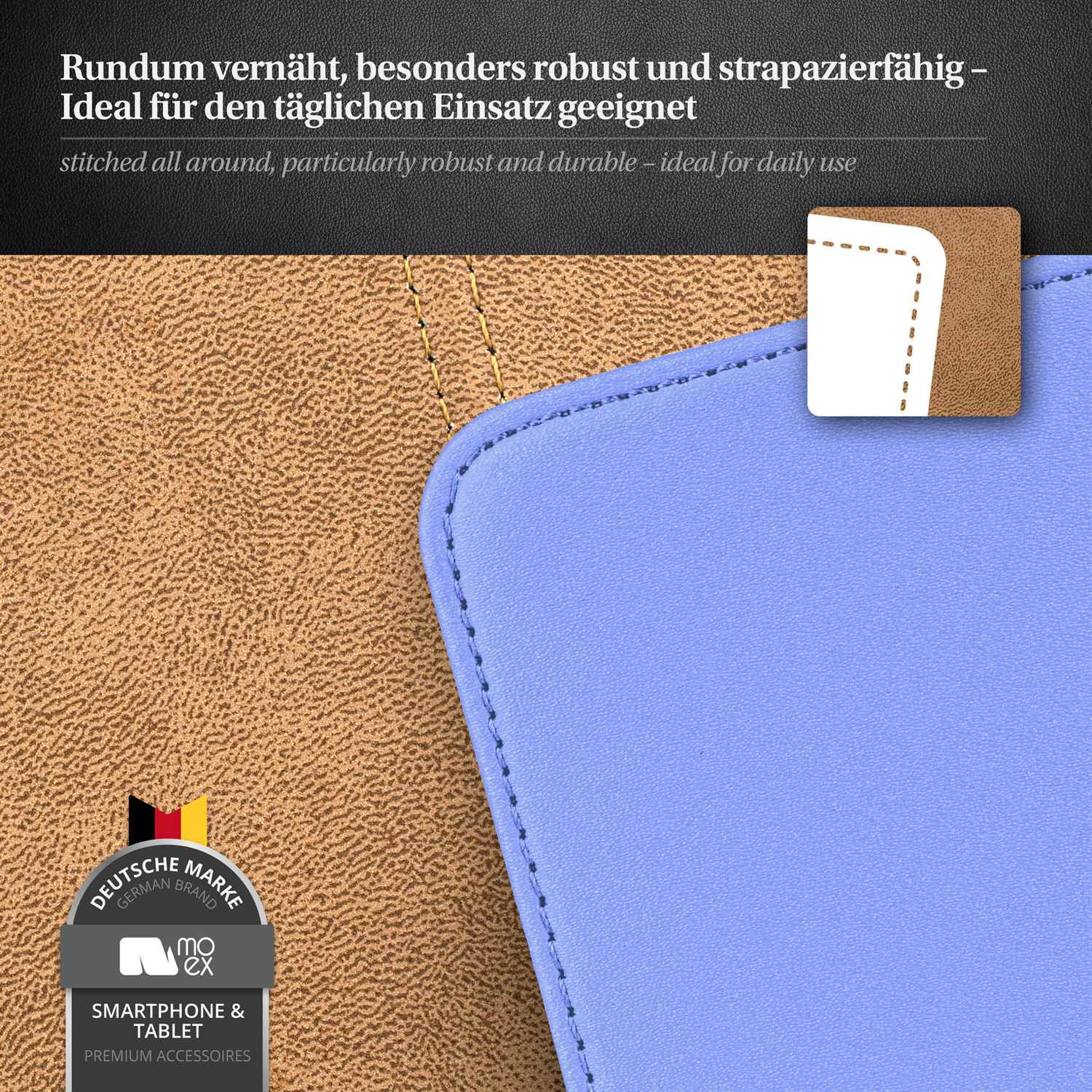 Blau-braune lederähnliche Handyhülle. Das Gehäuse ist an den Rändern vernäht.