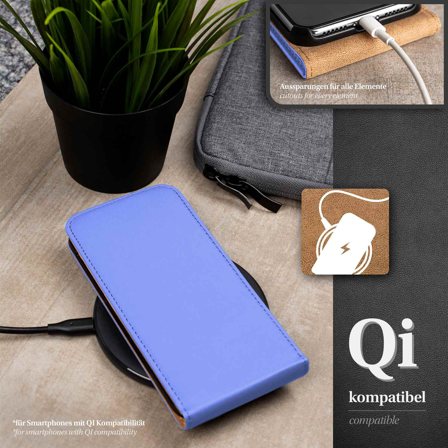 Blaue Handyhülle auf Ladepad mit Gras und Diagramm rechts.