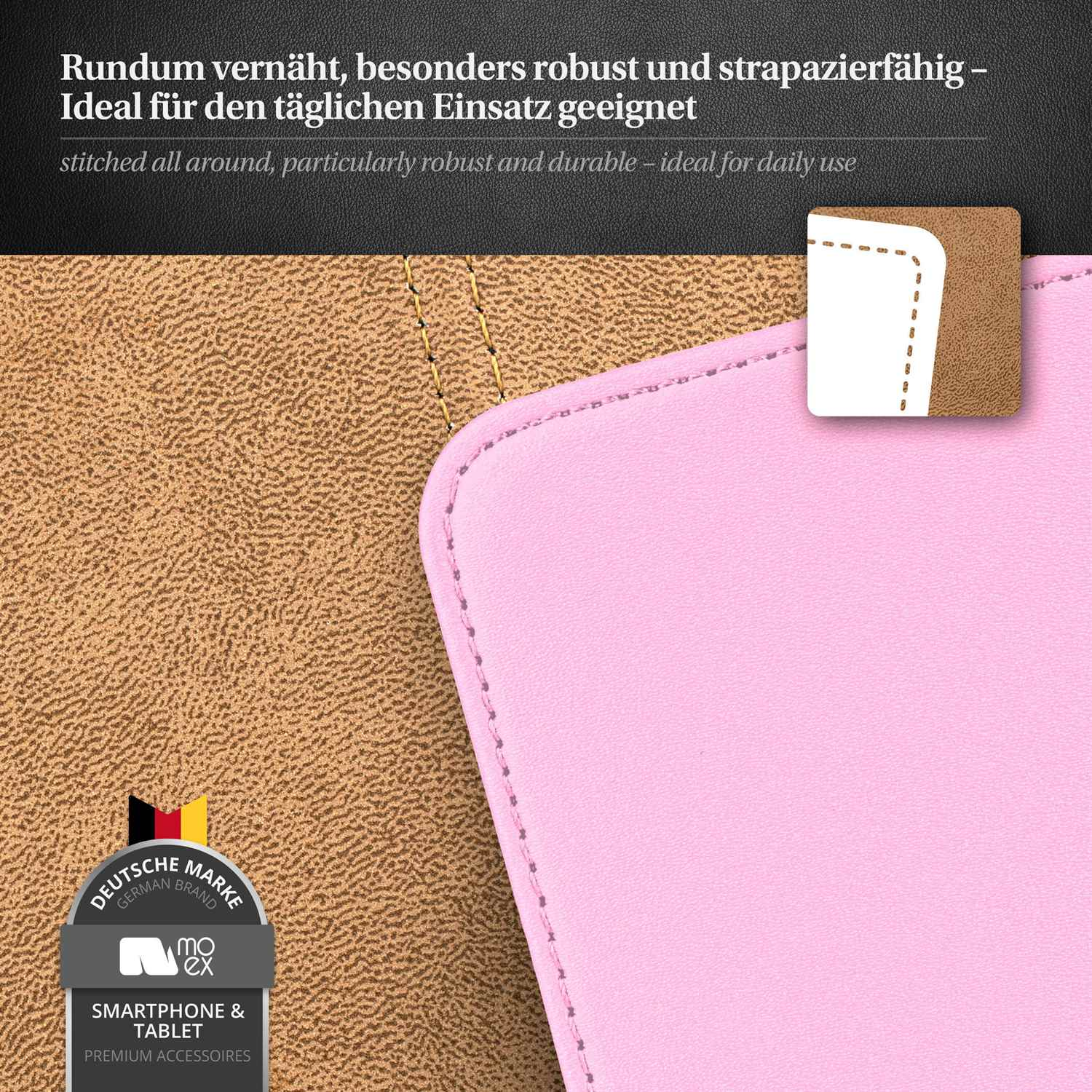 Nahaufnahme einer rosa Handyhülle mit braunem Hintergrund und deutschem Markenlogo.