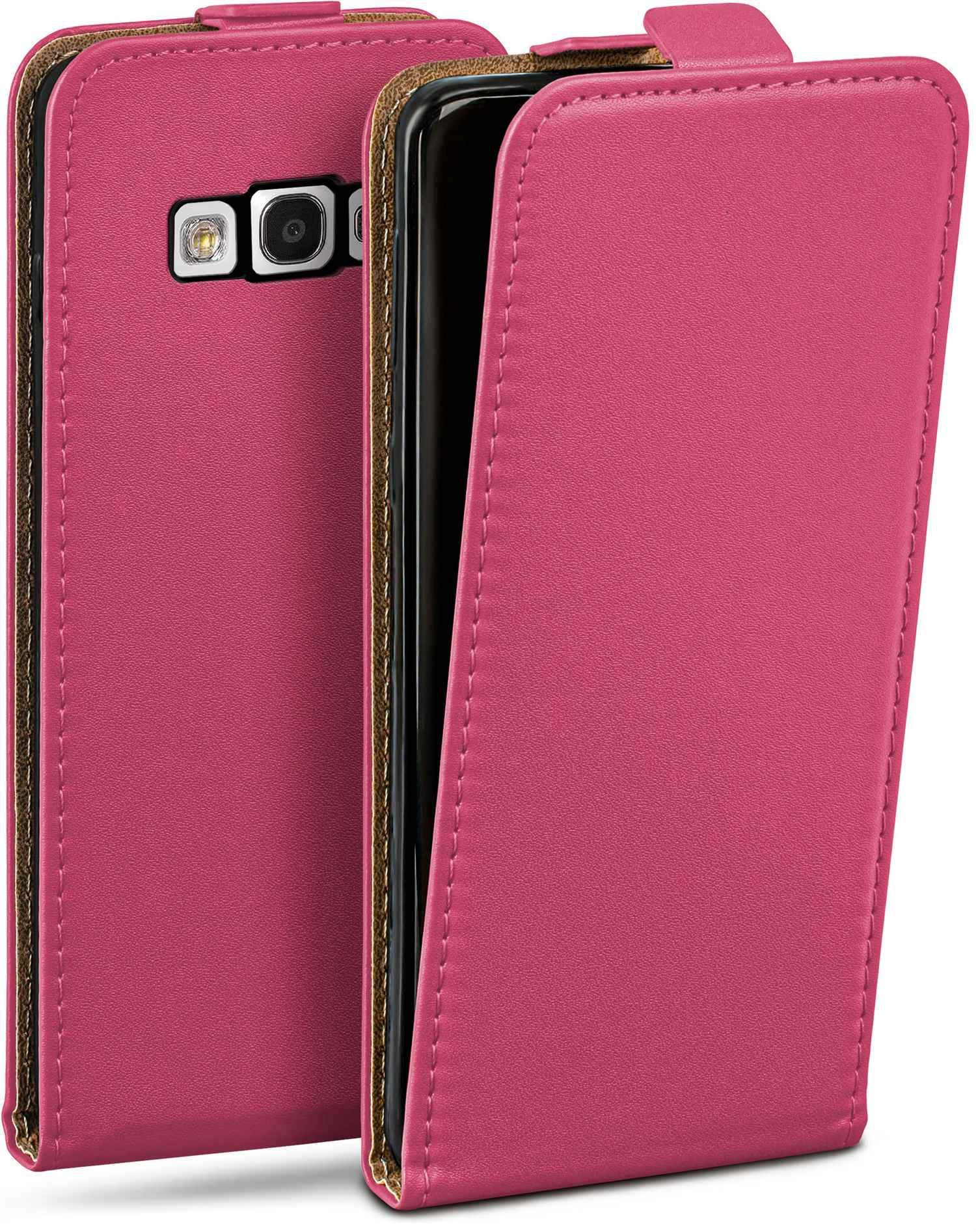 Eine pinkfarbene Handyhülle, offen, mit einem schwarzen Telefon im Inneren. Das Gehäuse ist lederartig.