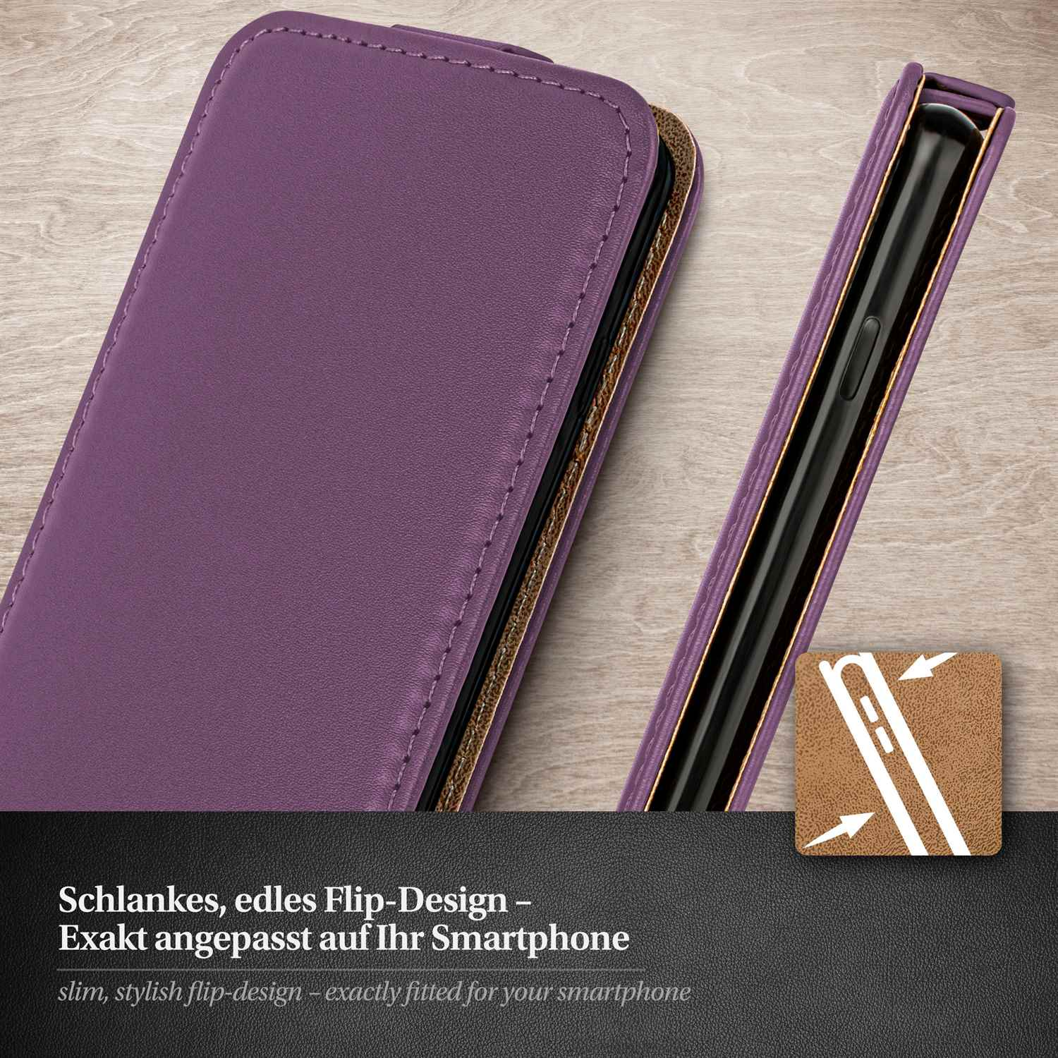Lila Handyhülle geöffnet, um das Innere zu zeigen. Der Koffer ist auf weißem Grund.