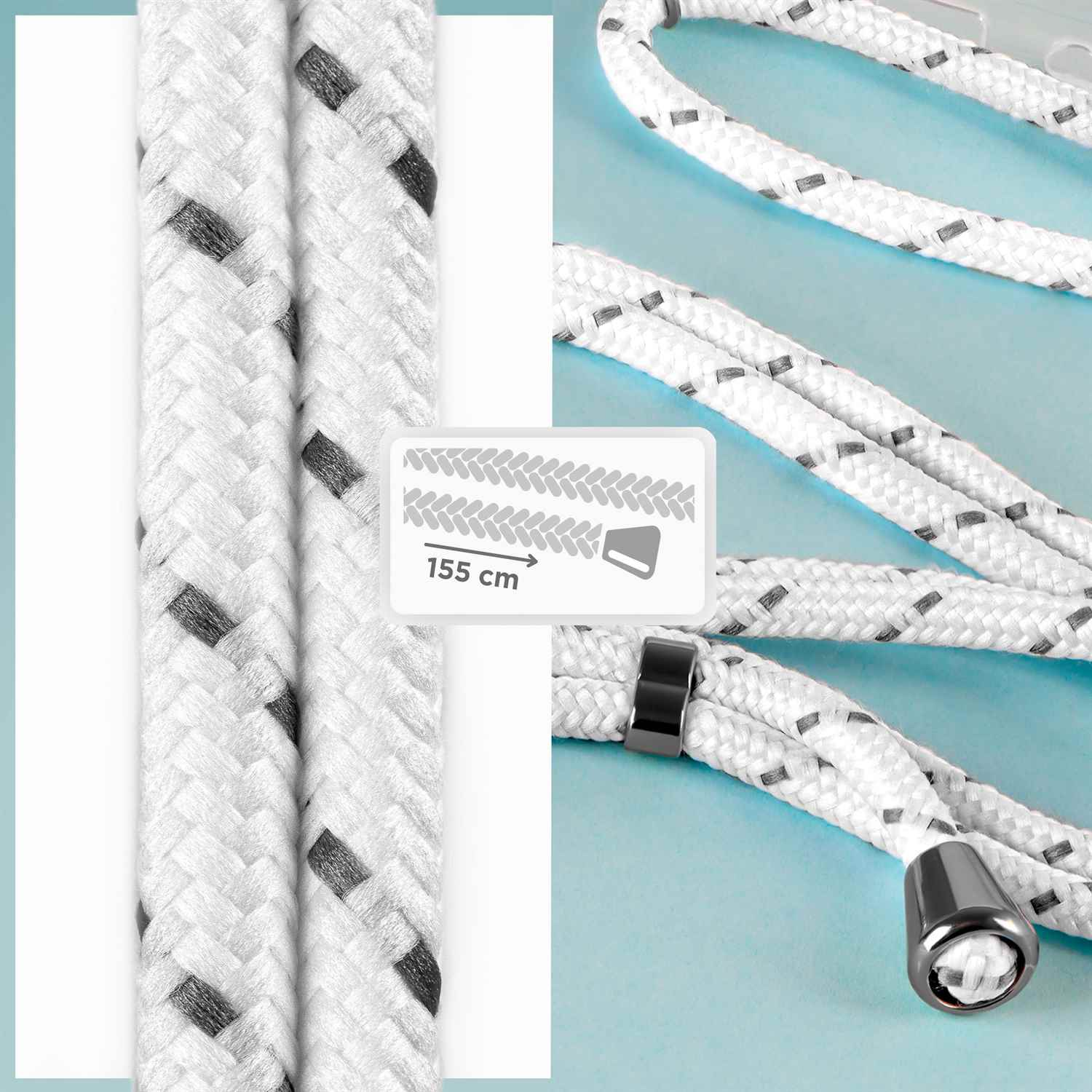 Nahaufnahme eines weißen und grauen Lanyards mit einem schwarz-grauen Muster. Es ist 155 cm lang.