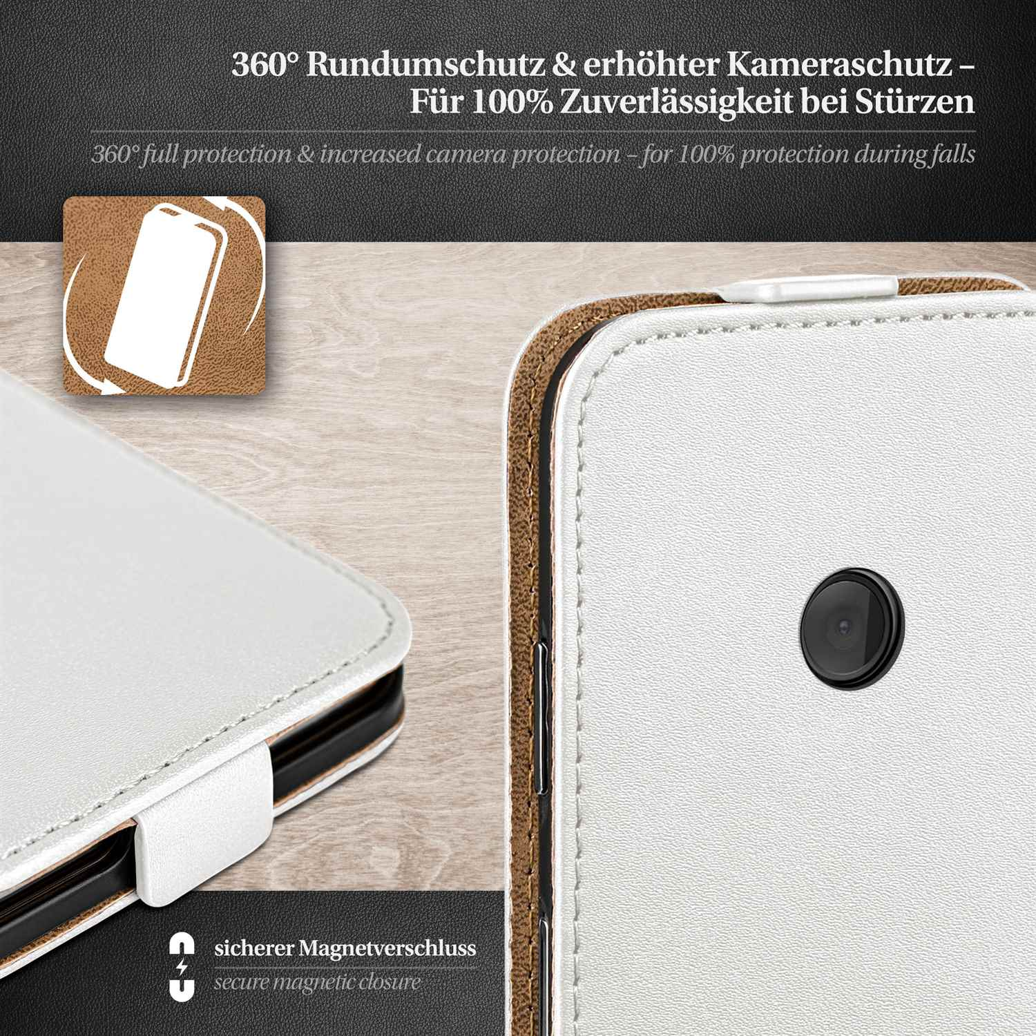 Weiße Handyhülle mit Text über 360° Schutz und Magnetverschluss. Brauner und weißer Hintergrund.